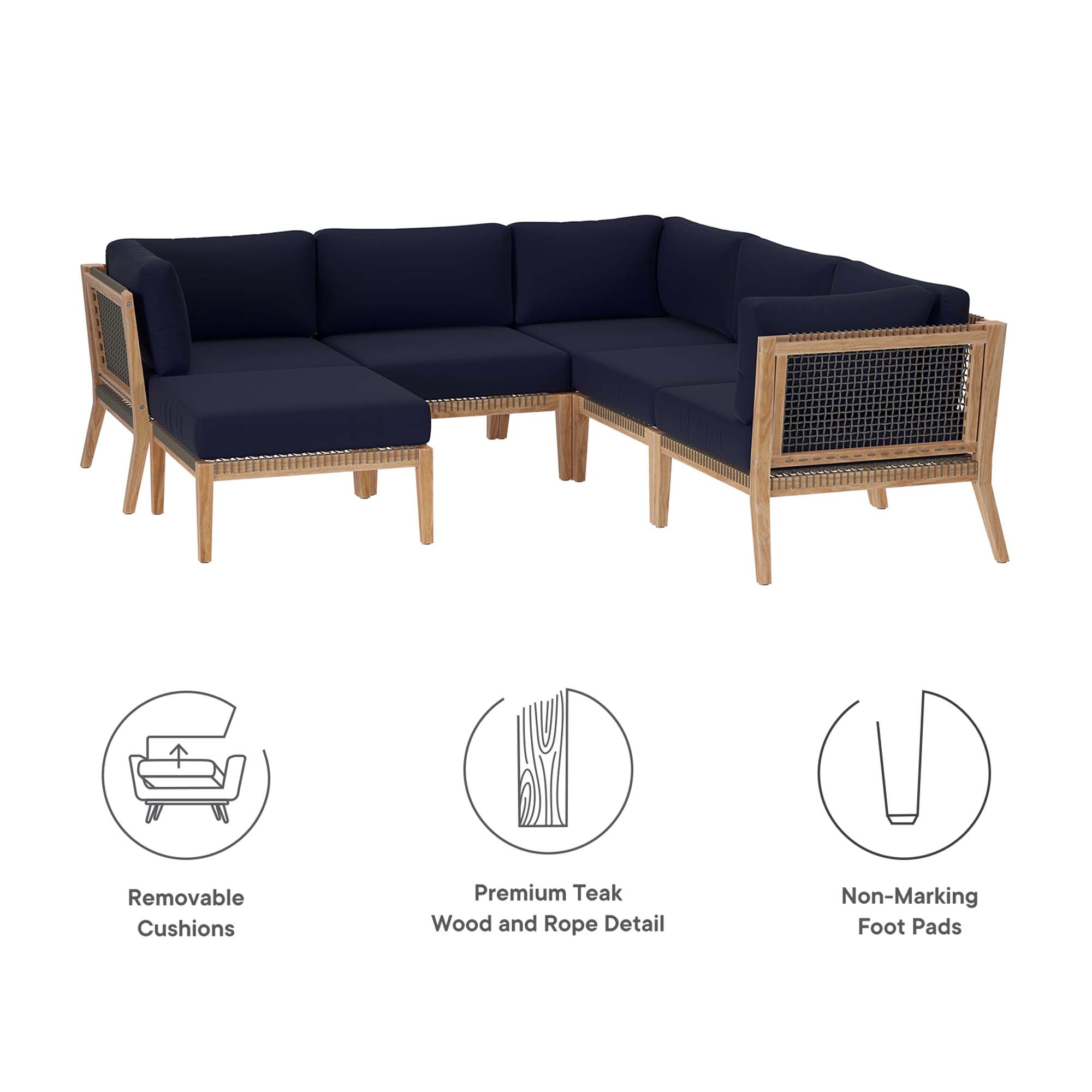 Clearwater 6-Piece Outdoor Patio Teak Wood Sectional Sofa, Gray Navy