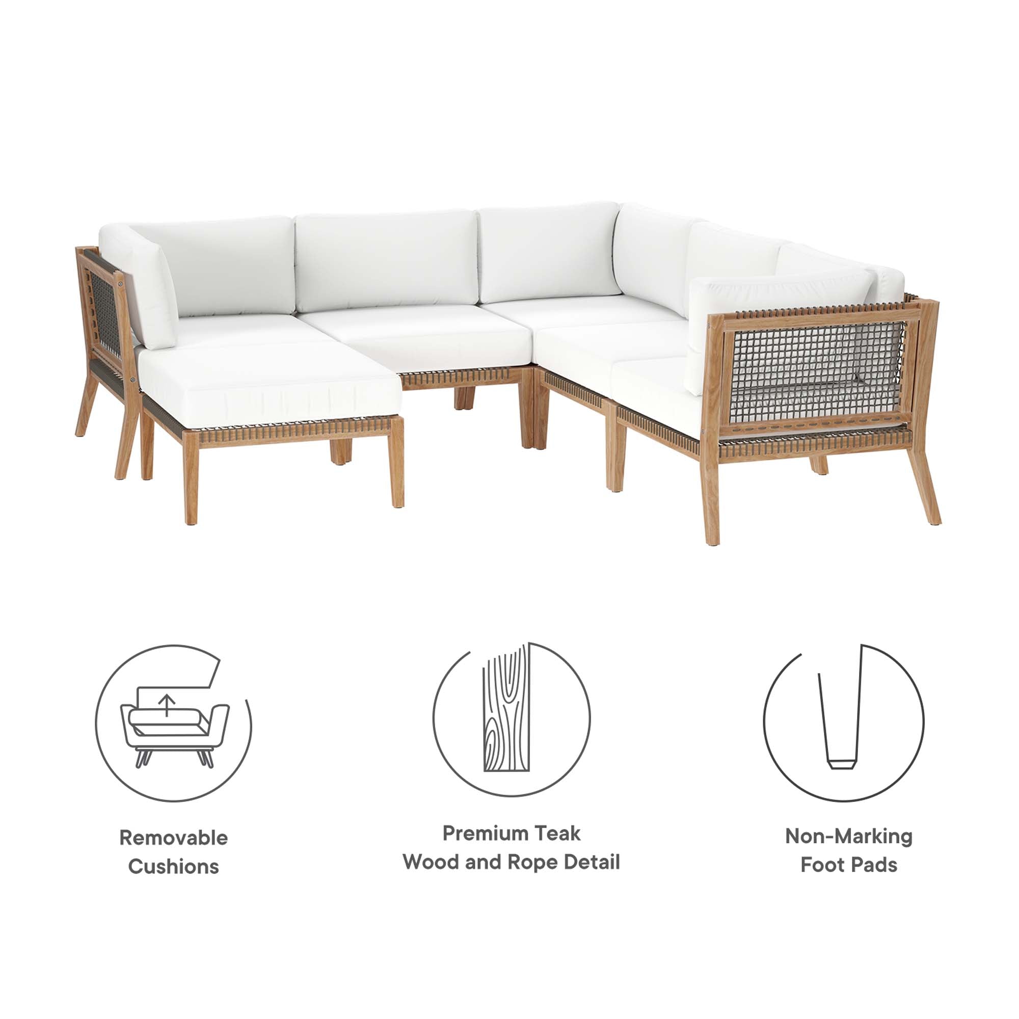 Clearwater 6-Piece Outdoor Patio Teak Wood Sectional Sofa, Gray White