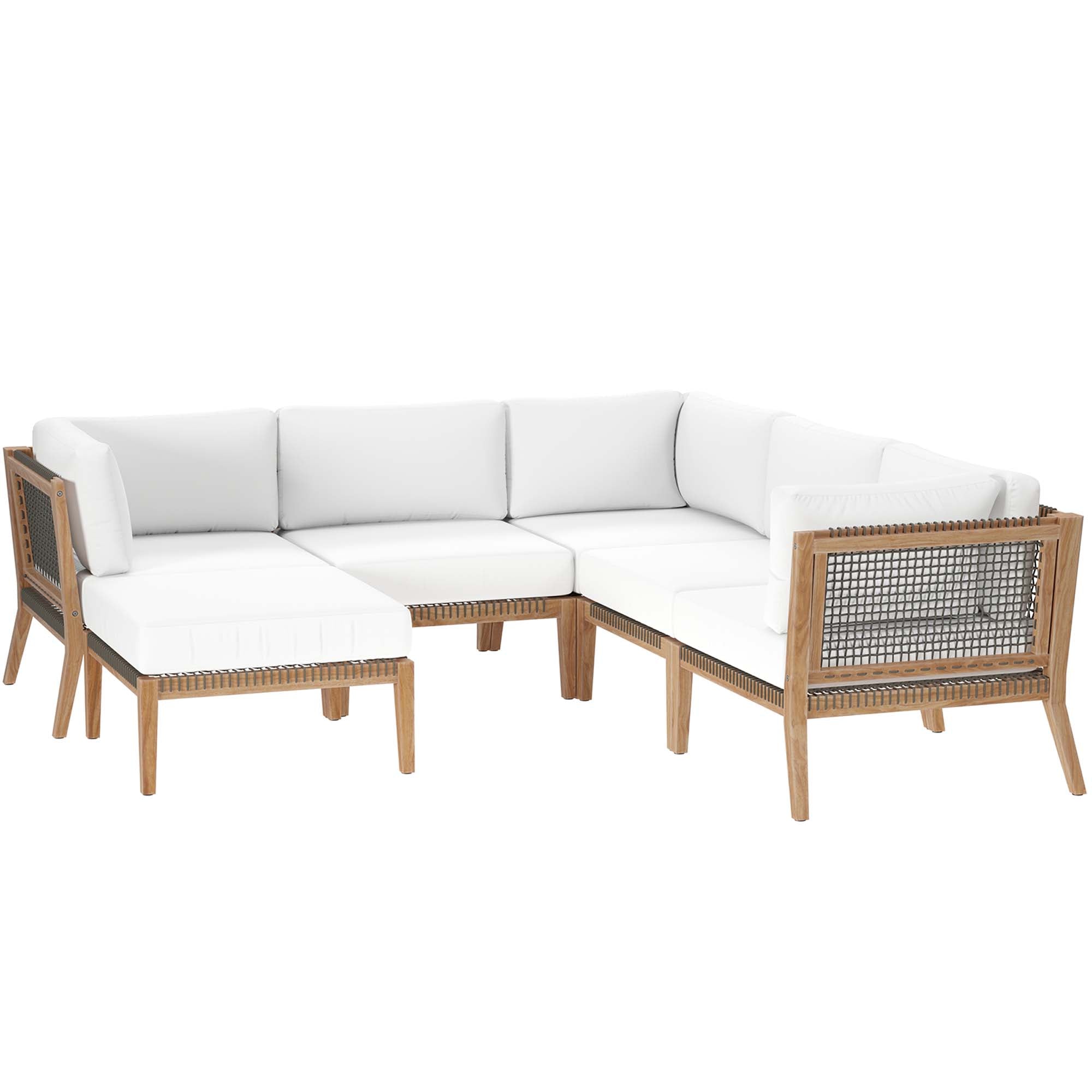 Clearwater 6-Piece Outdoor Patio Teak Wood Sectional Sofa, Gray White
