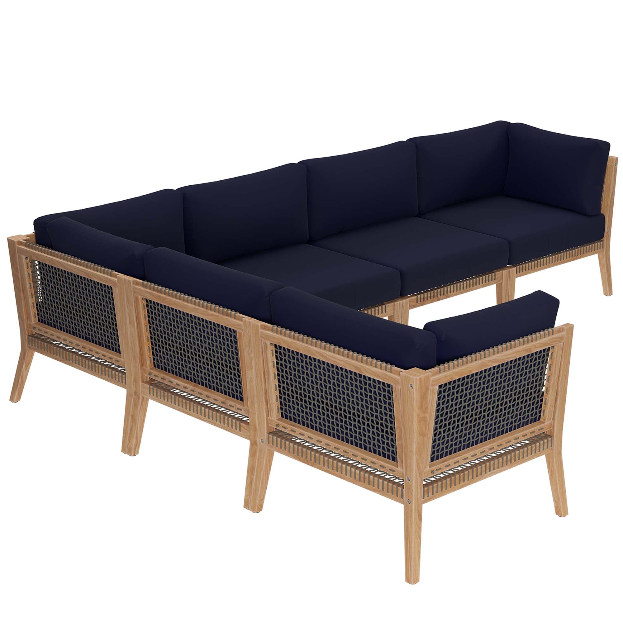 Clearwater 6-Piece Outdoor Patio Teak Wood Sectional Sofa, Gray Navy