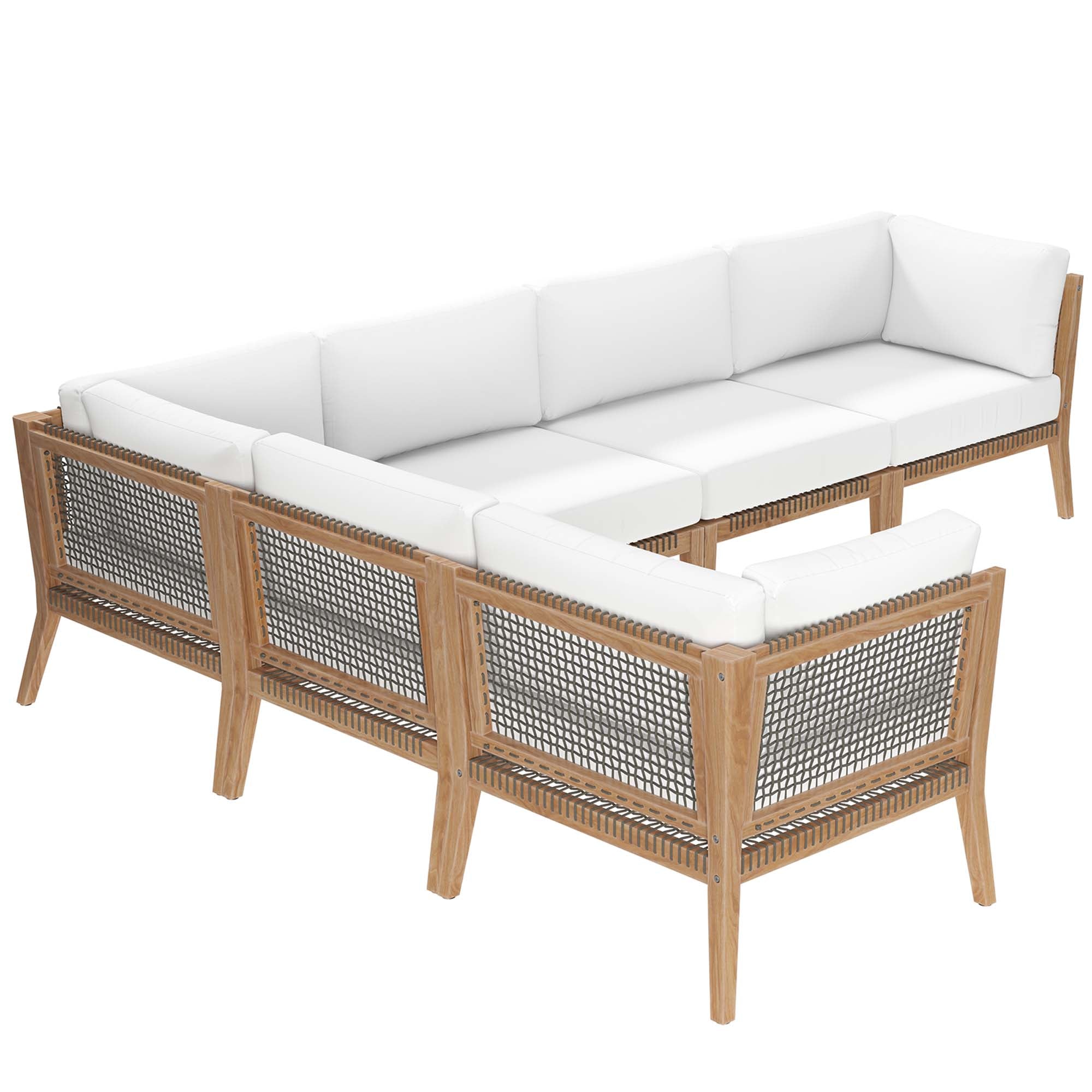 Clearwater 6-Piece Outdoor Patio Teak Wood Sectional Sofa, Gray White