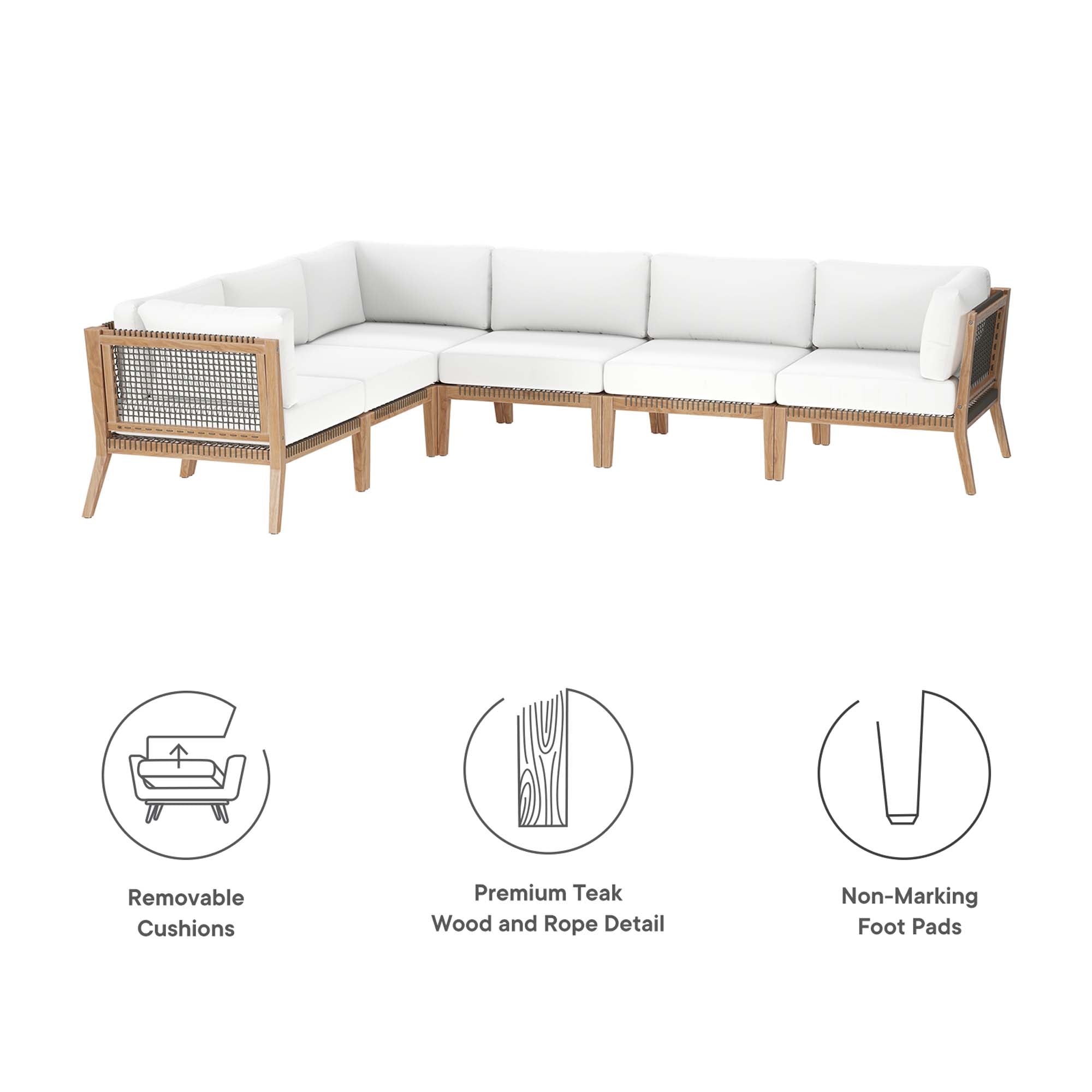 Clearwater 6-Piece Outdoor Patio Teak Wood Sectional Sofa, Gray White