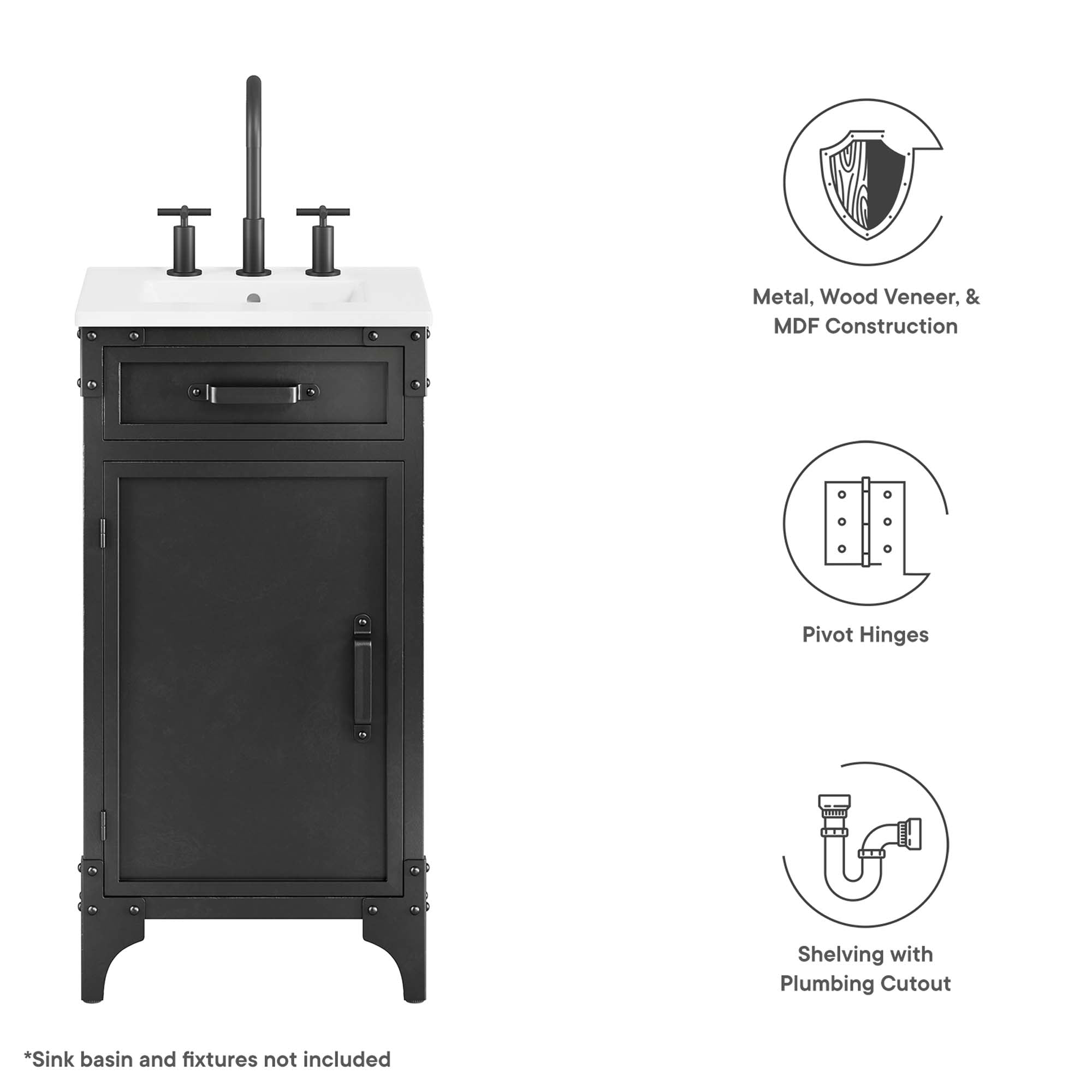 Steamforge 18" Bathroom Vanity Cabinet (Sink Basin Not Included), Black Walnut