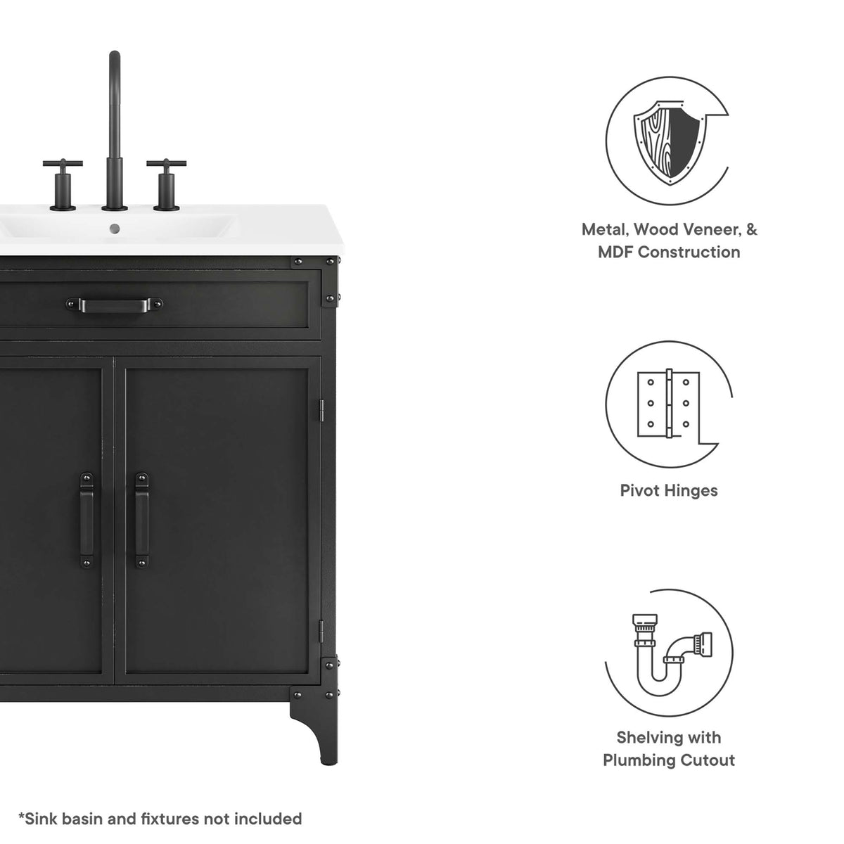 Steamforge 30" Bathroom Vanity Cabinet (Sink Basin Not Included), Black Walnut