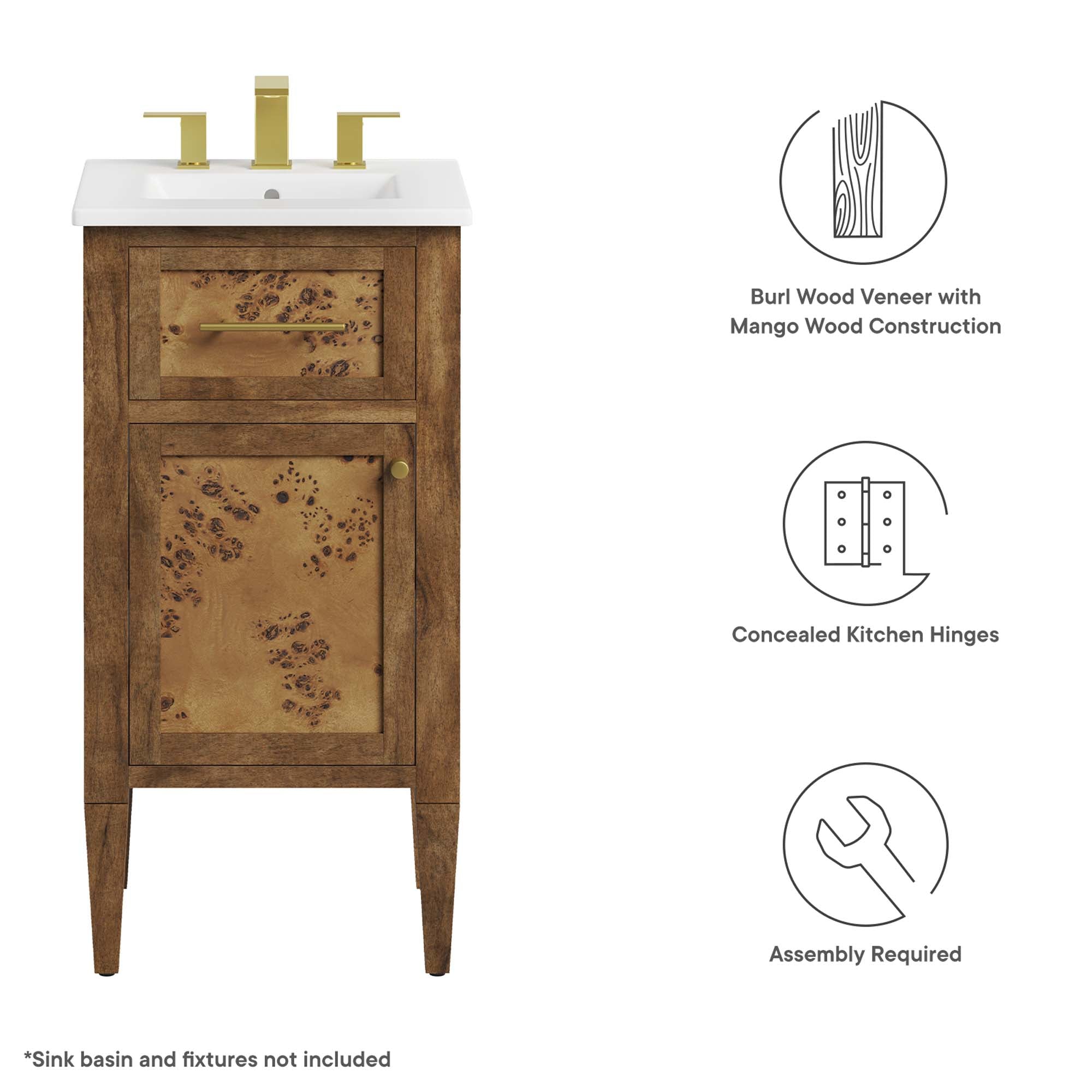 Elysian 18" Wood Bathroom Vanity Cabinet (Sink Basin Not Included), Brown