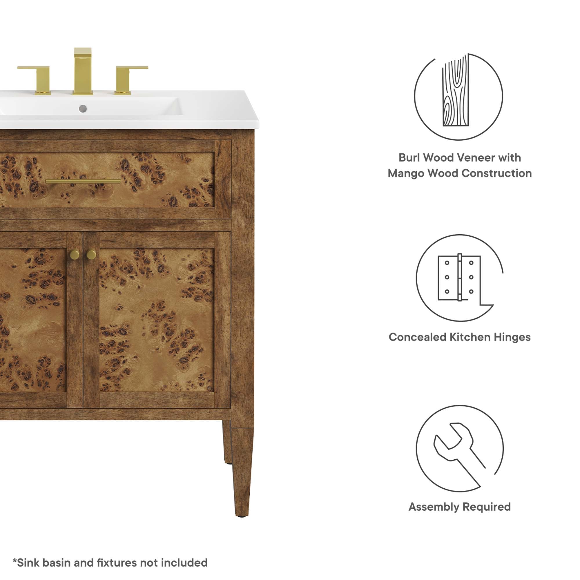 Elysian 30" Bathroom Vanity Cabinet (Sink Basin Not Included), Brown