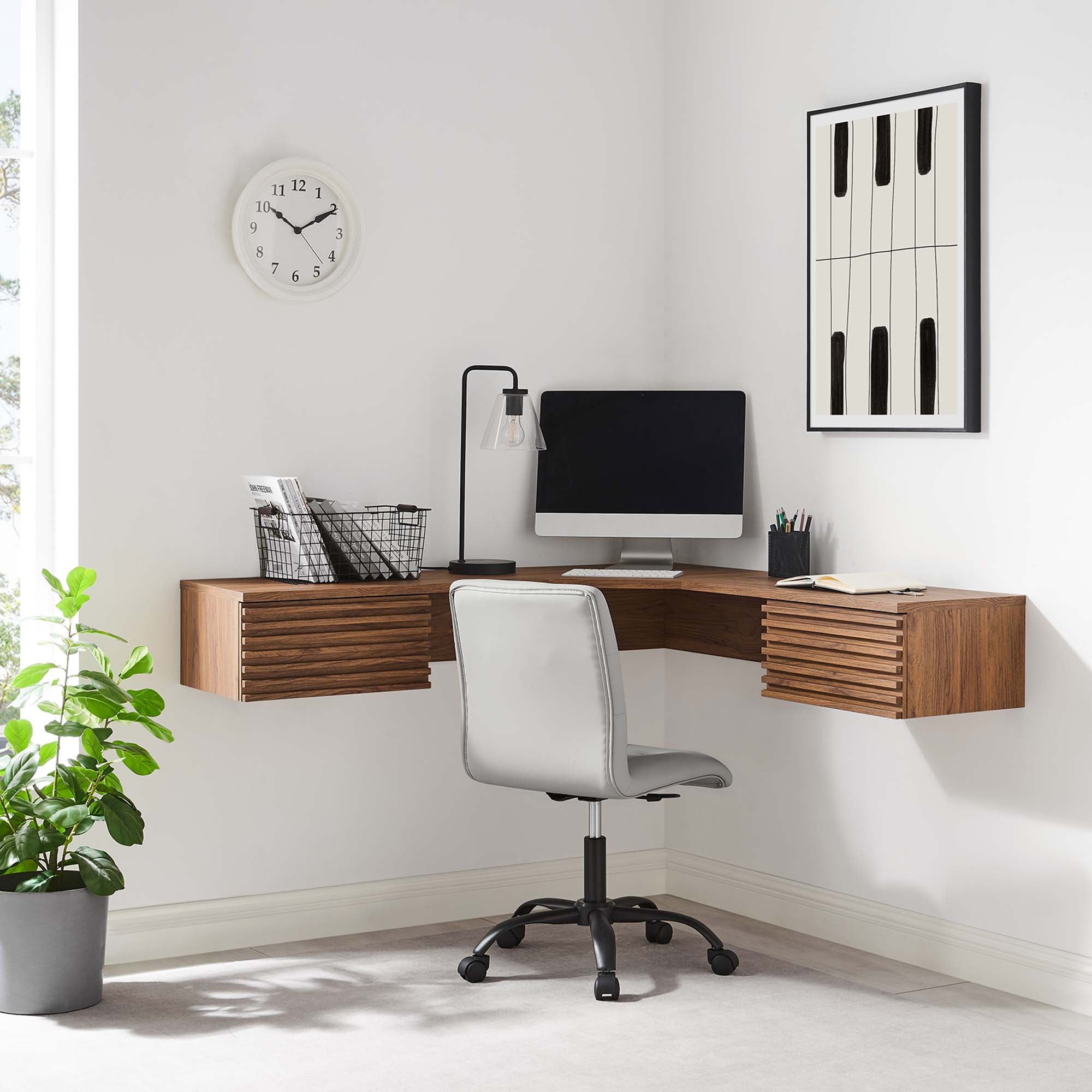 Render Wall Mount Corner Office Desk, Walnut