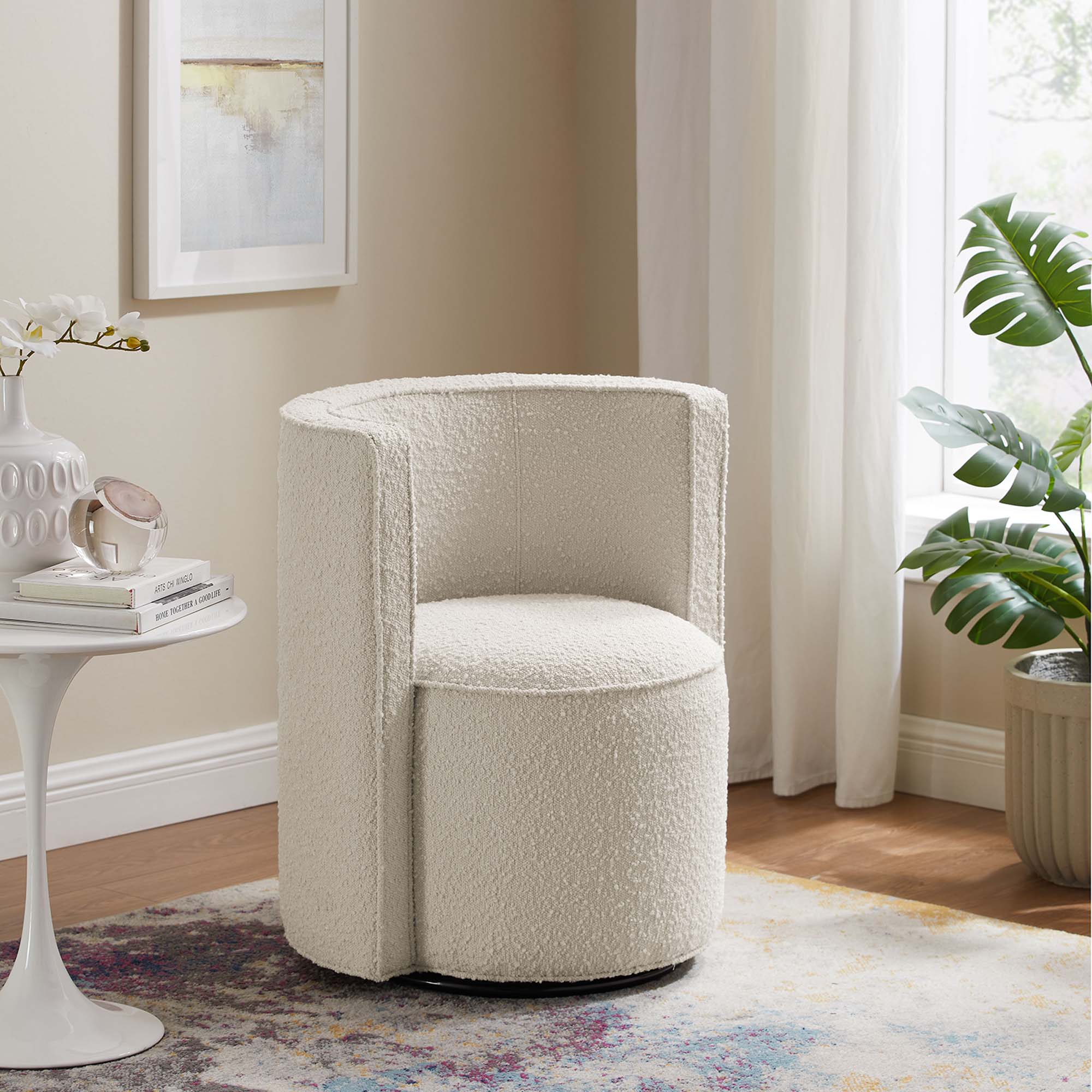 Della Boucle Fabric Swivel Chair, Ivory