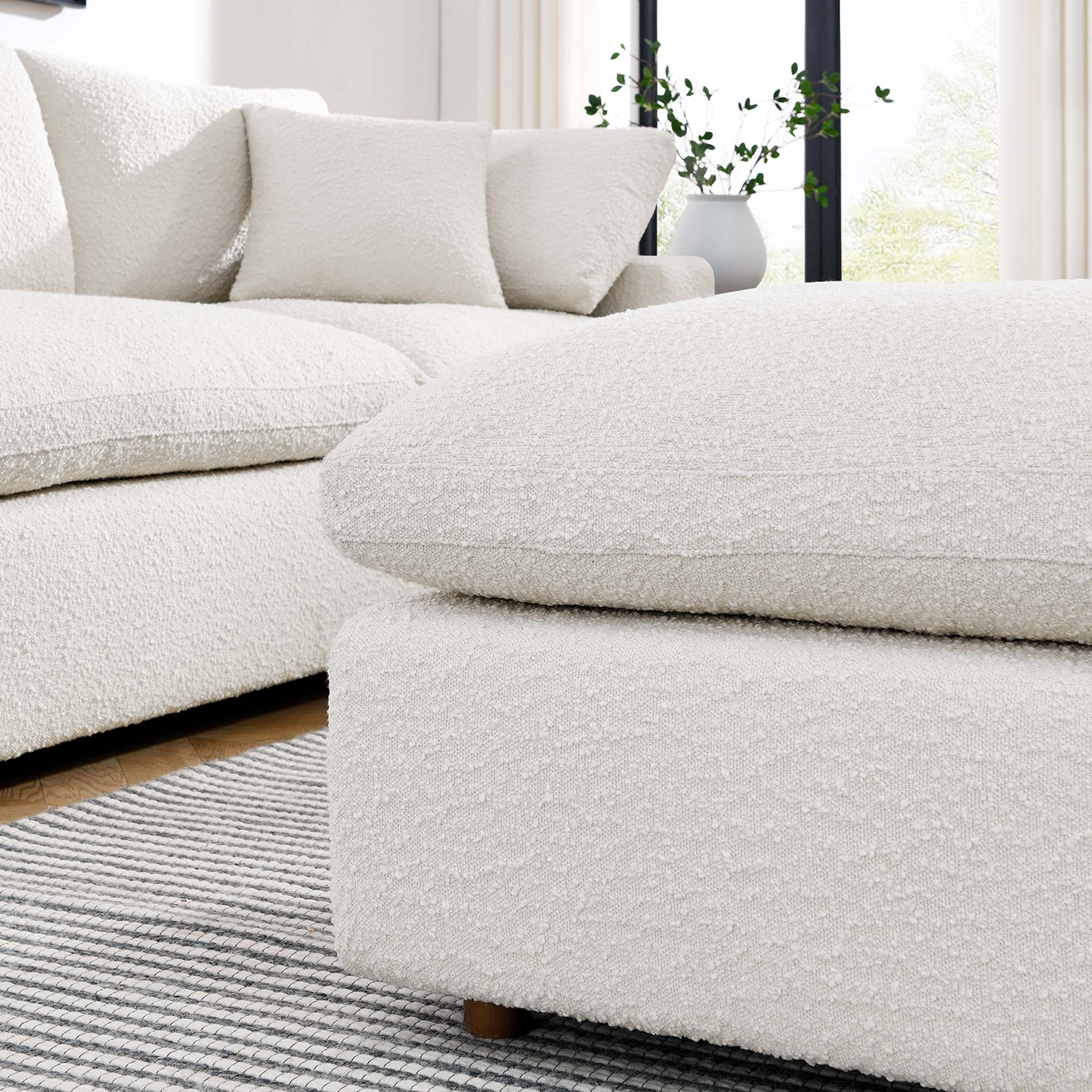 Commix Down Filled Overstuffed Boucle Fabric Ottoman, Ivory