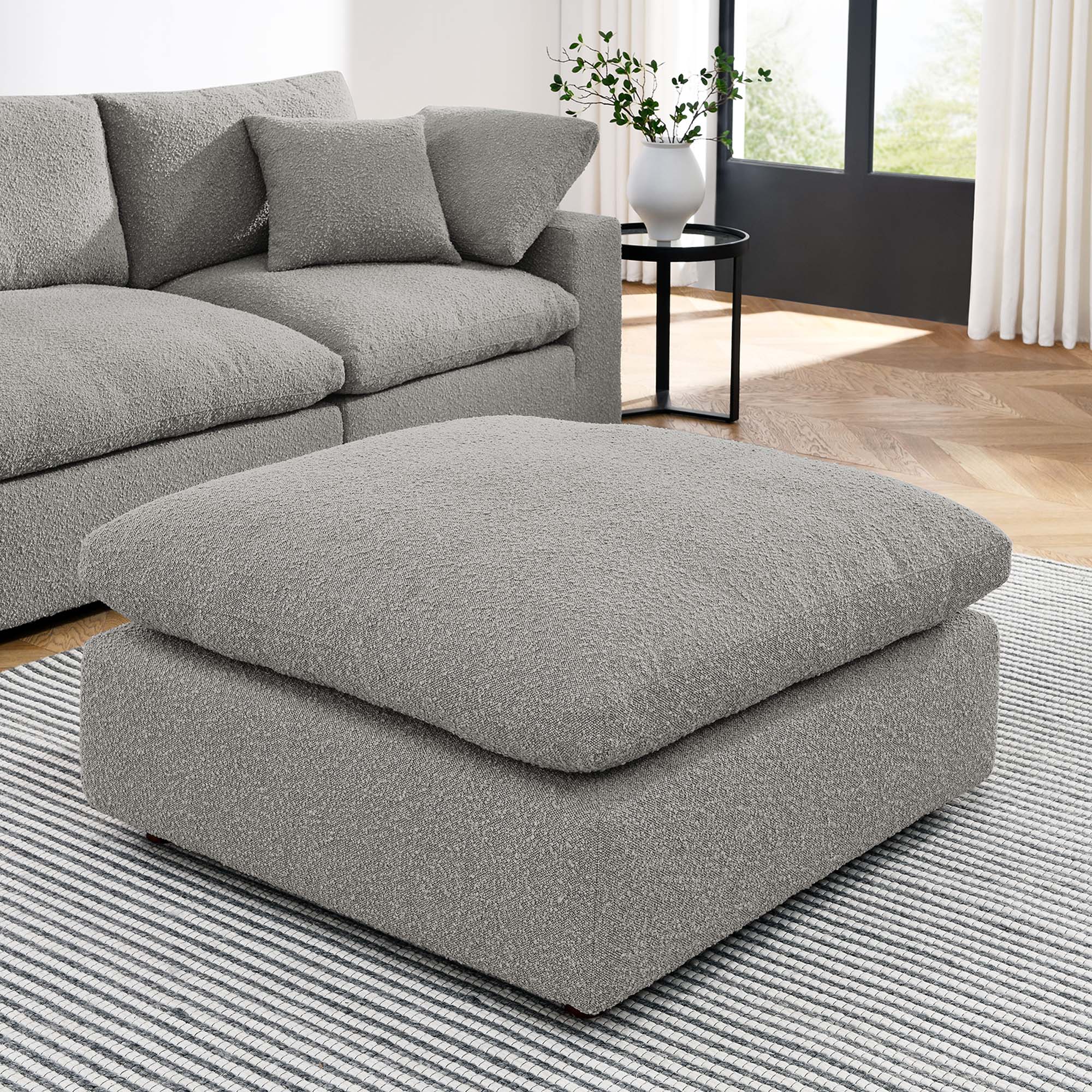 Commix Down Filled Overstuffed Boucle Fabric Ottoman, Light Gray
