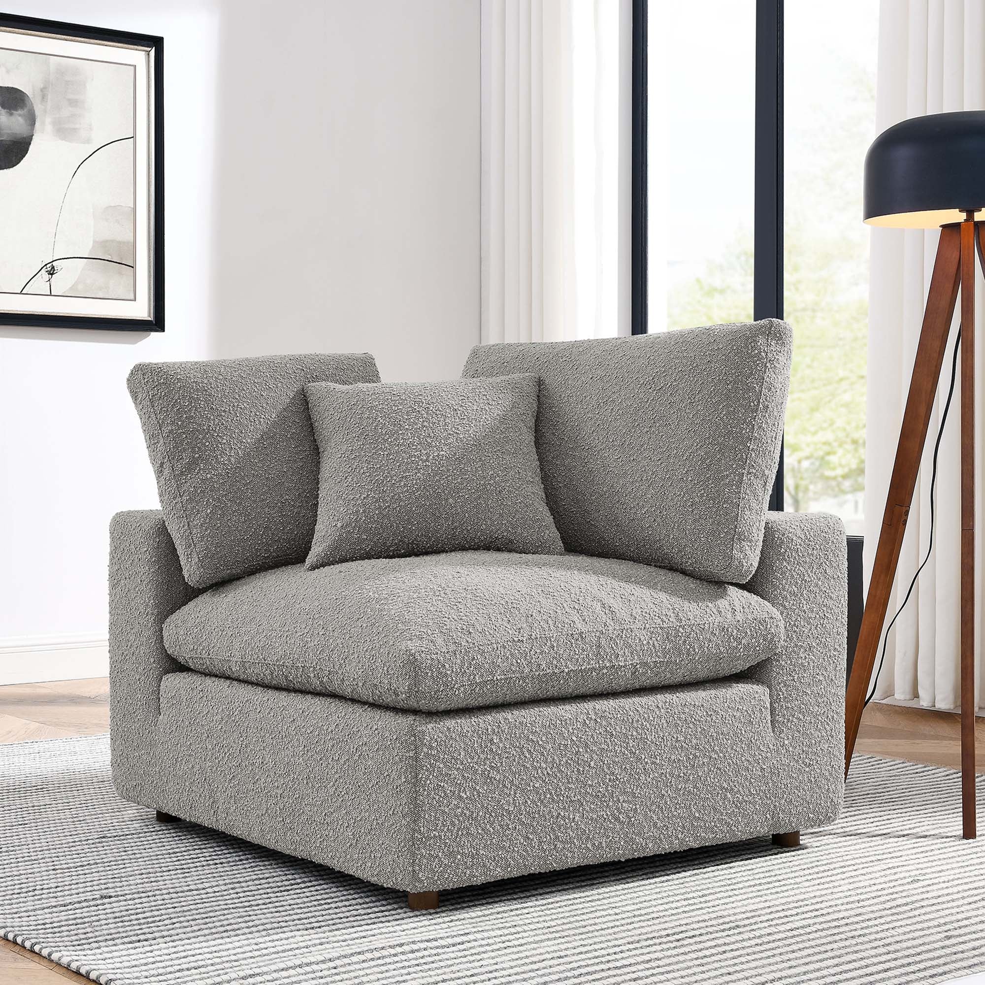 Commix Down Filled Overstuffed Boucle Fabric Corner Chair, Light Gray