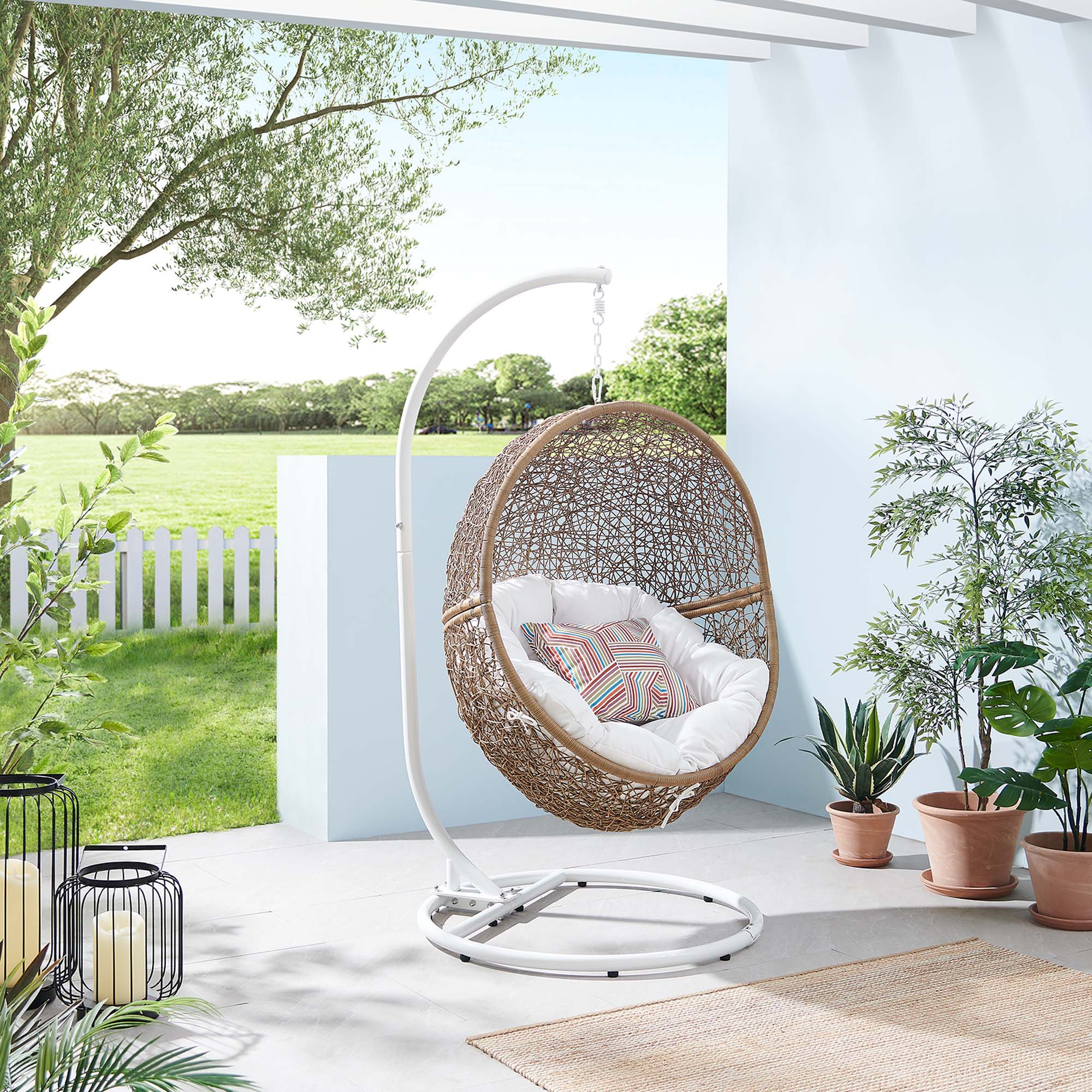 Encase Outdoor Patio Rattan Swing Chair, Cappuccino White