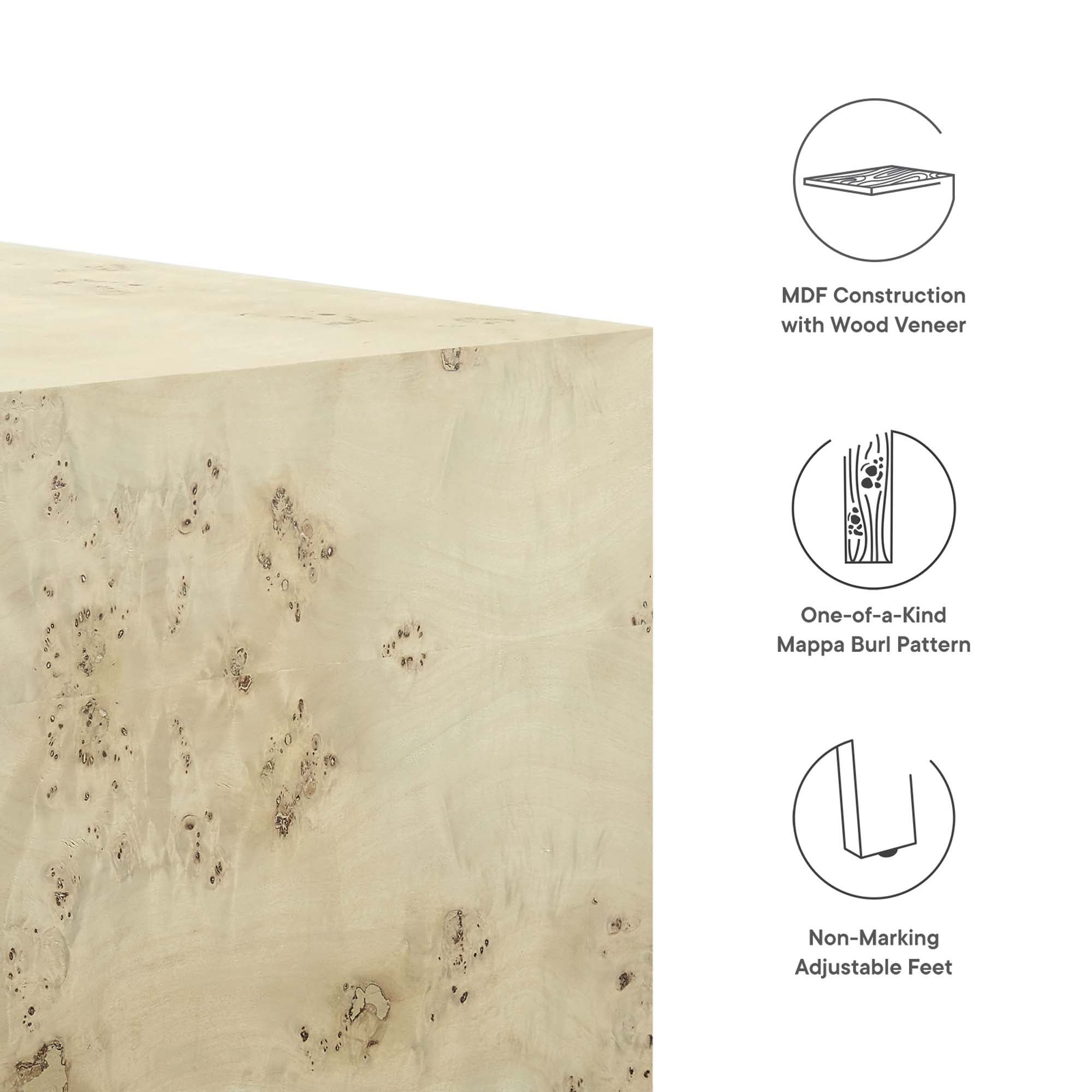 Cosmos 36" Square Burl Wood Coffee Table, Bleached Burl