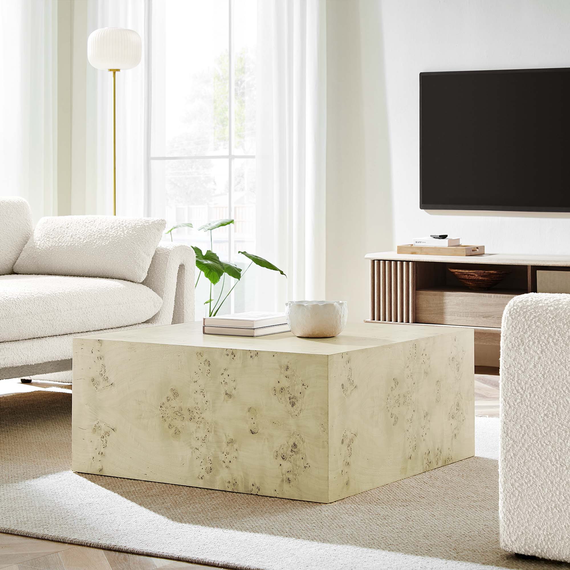 Cosmos 36" Square Burl Wood Coffee Table, Bleached Burl