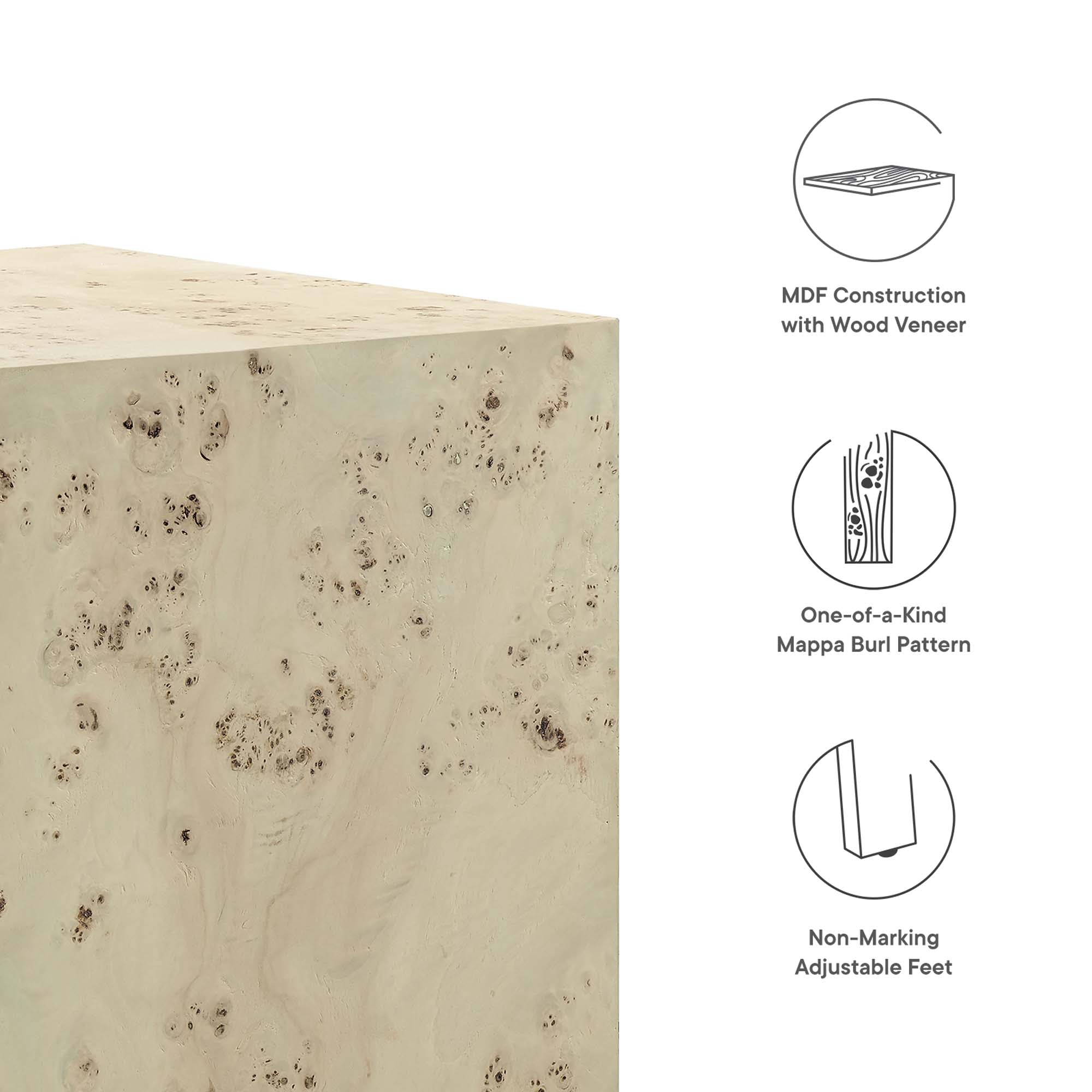 Cosmos 16" Square Burl Wood Side Table, Bleached Burl