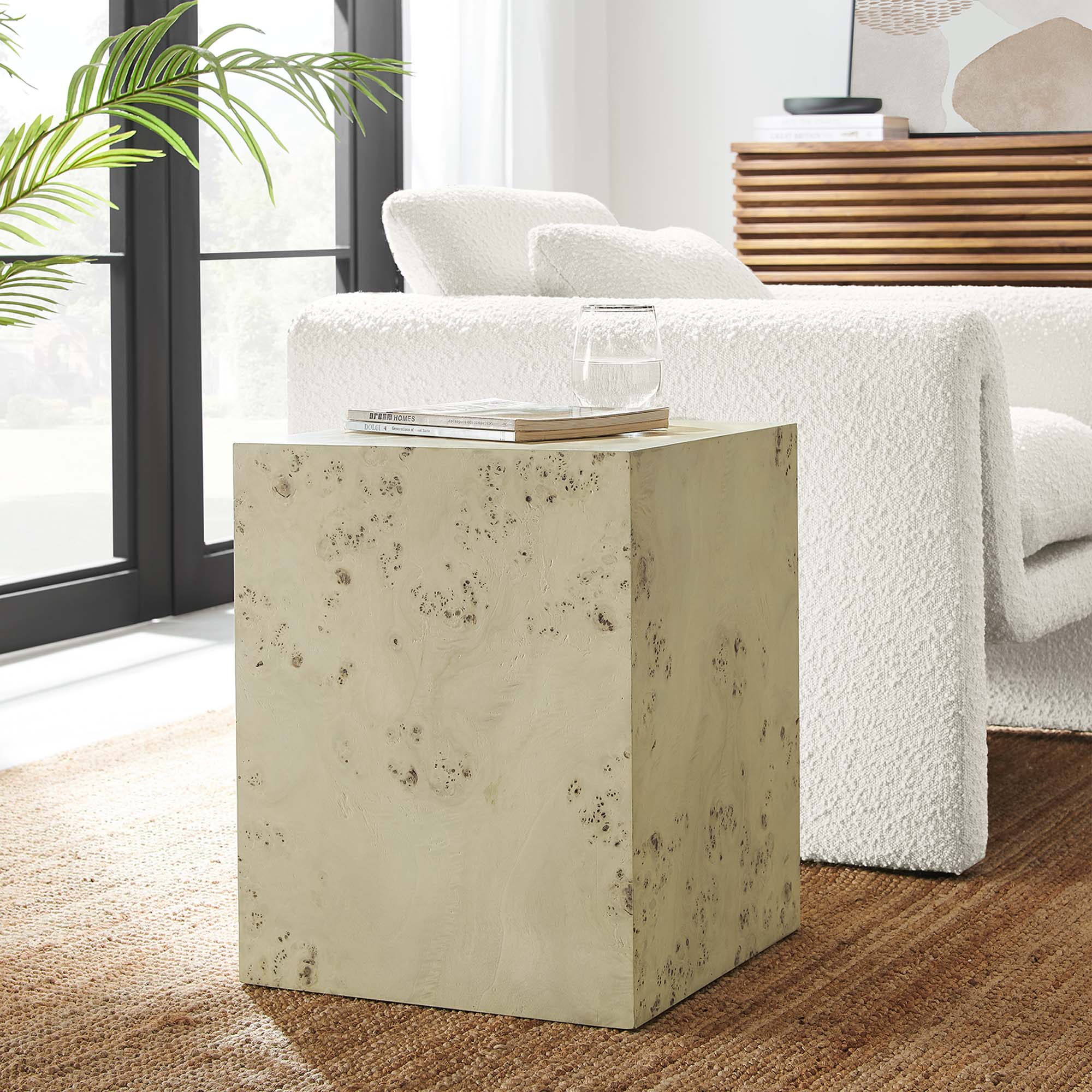 Cosmos 16" Square Burl Wood Side Table, Bleached Burl
