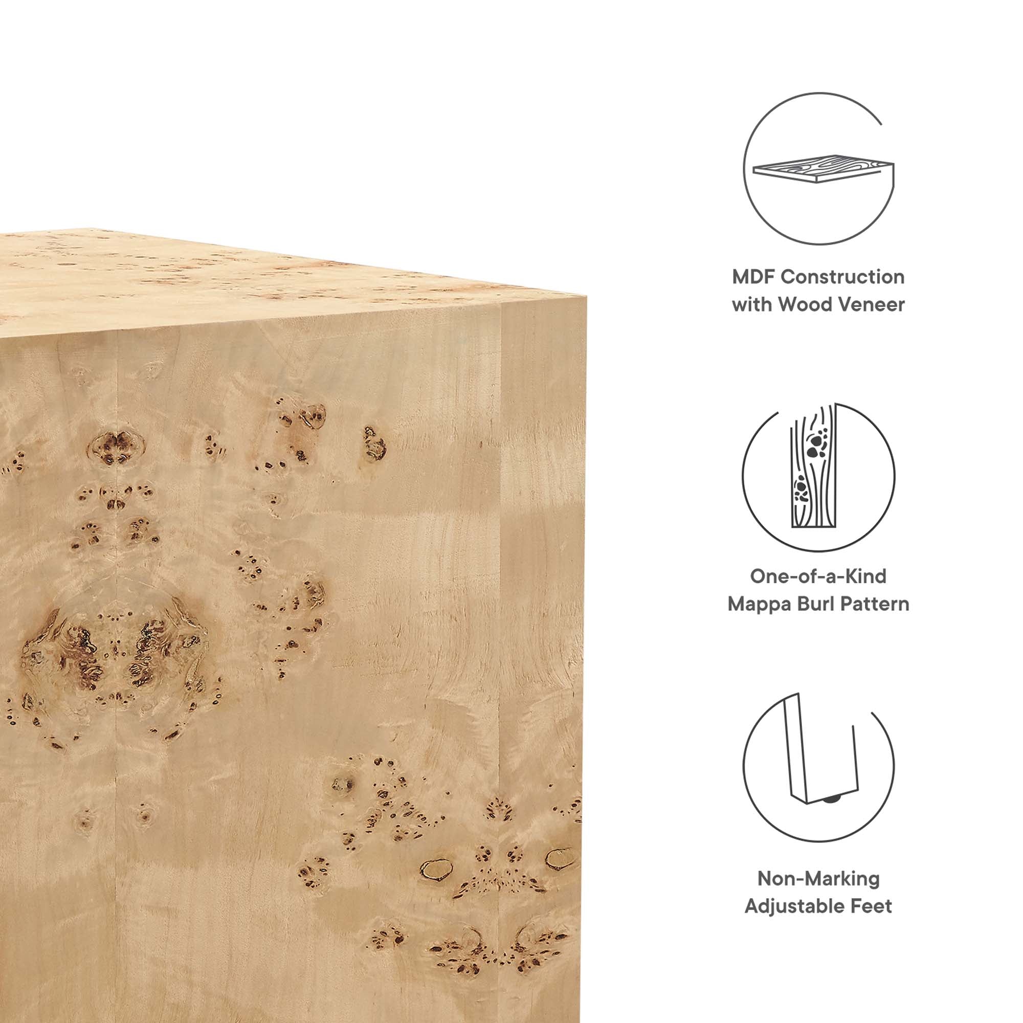 Cosmos 16" Square Burl Wood Side Table, Natural Burl