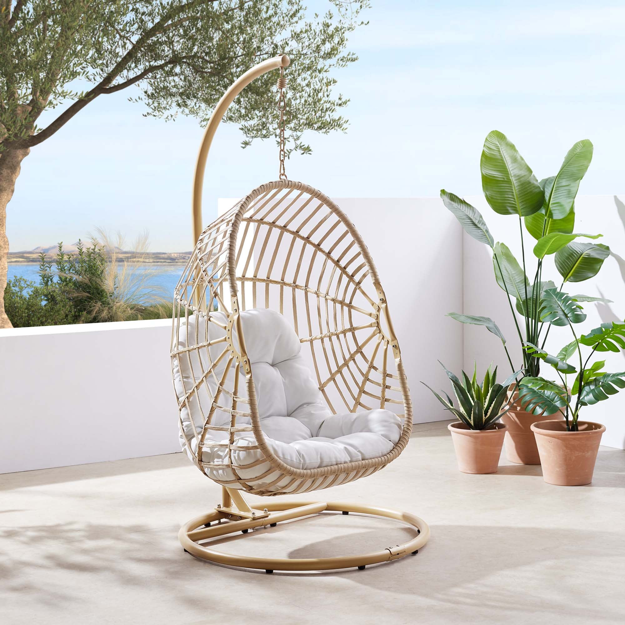Amalie Wicker Rattan Outdoor Patio Rattan Swing Chair, Natural White