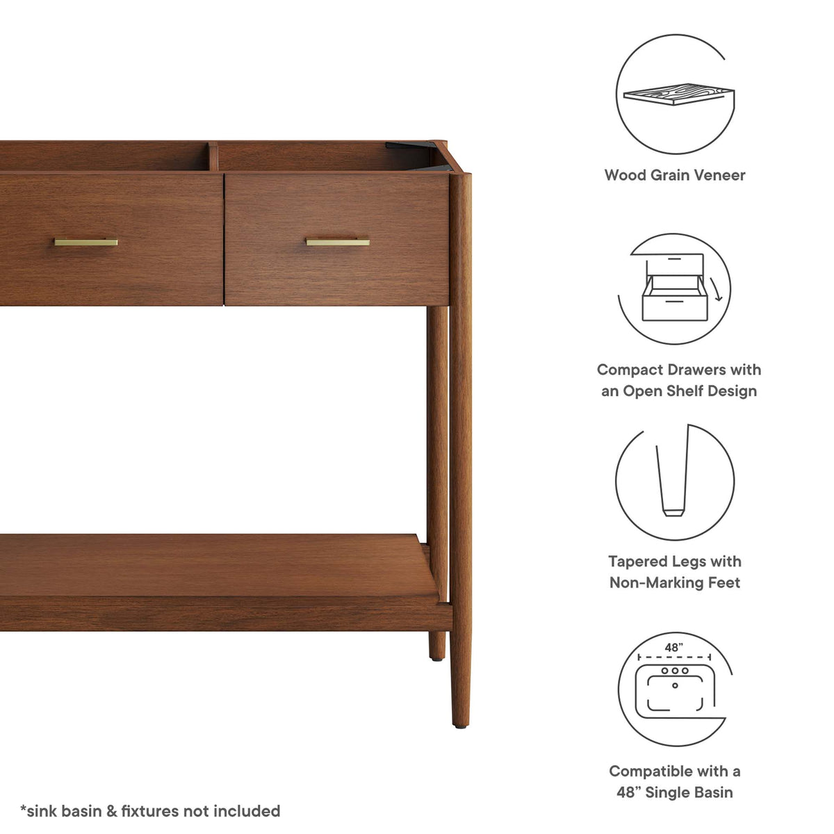 Zaire 48" Single Sink Compatible Bathroom Vanity Cabinet (Sink Basin Not Included), Walnut