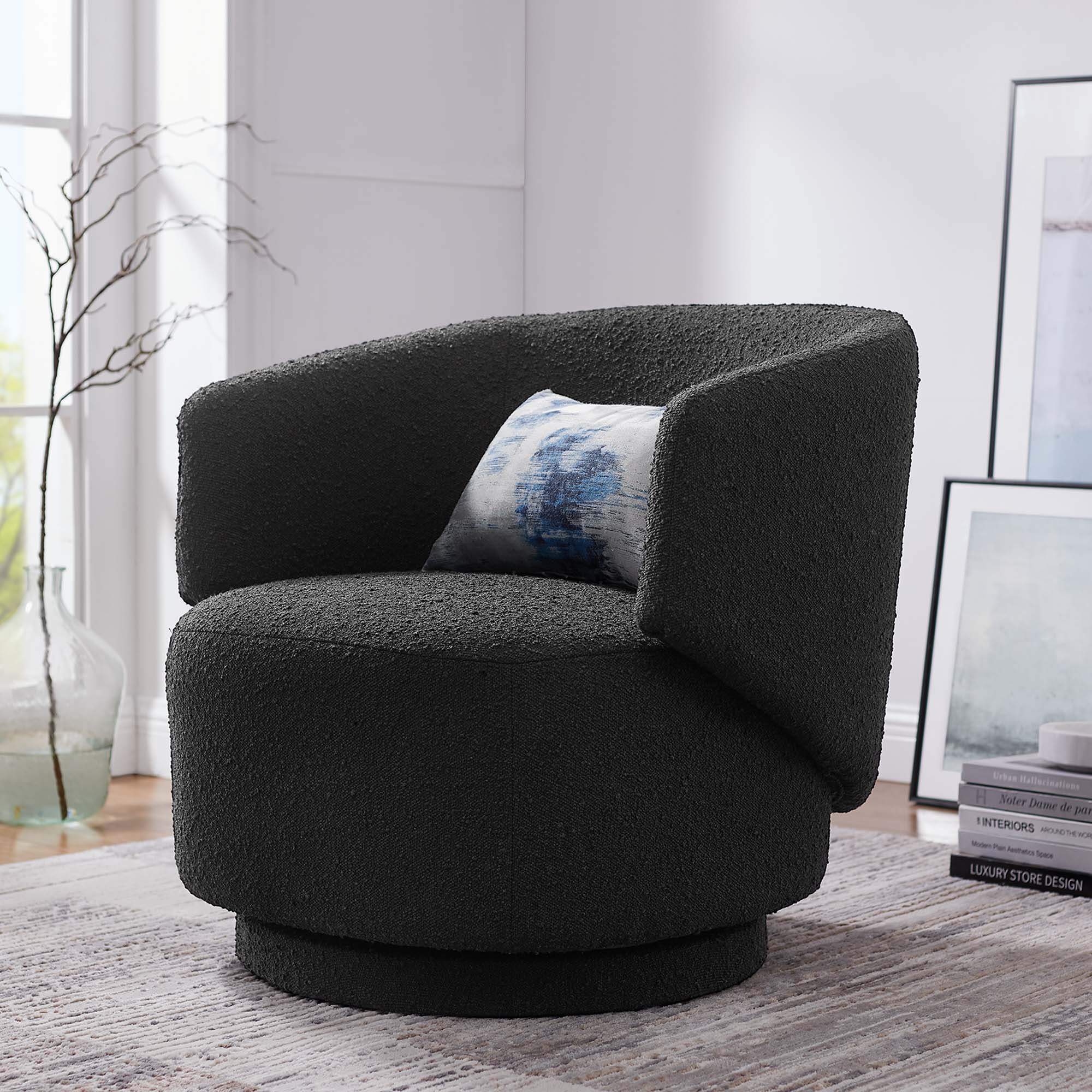 Celestia Boucle Fabric Swivel Chair, Black