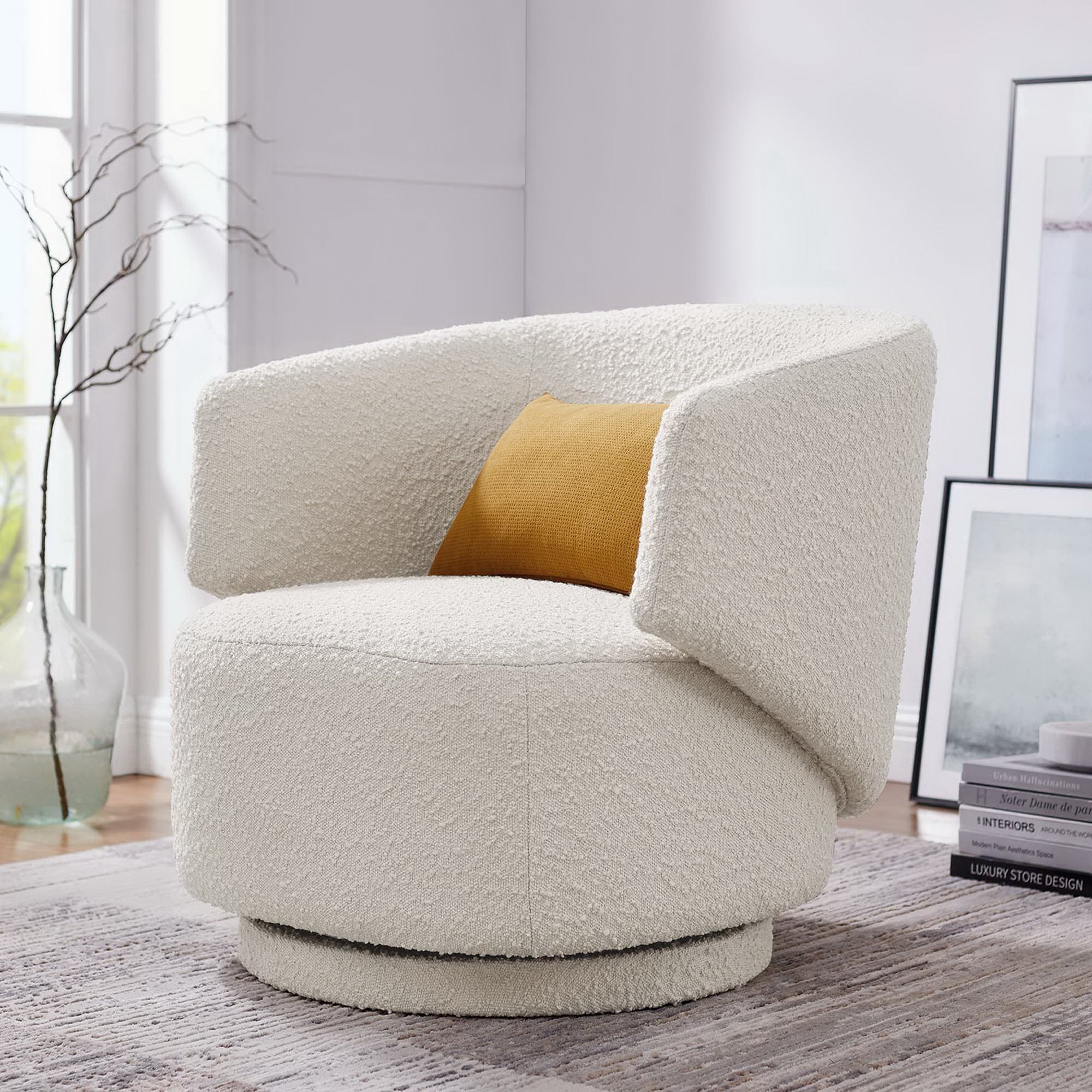 Celestia Boucle Fabric Swivel Chair, Ivory