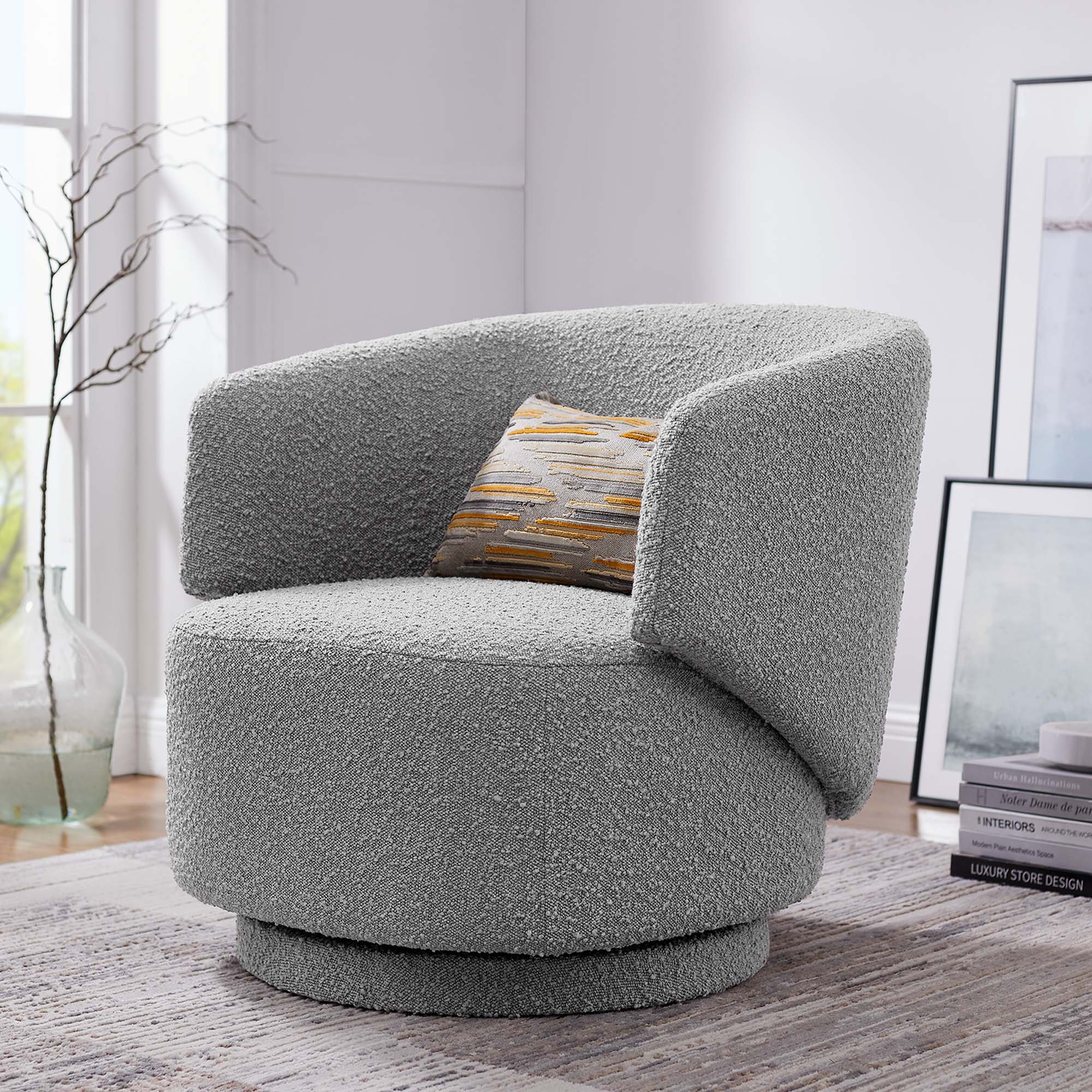 Celestia Boucle Fabric Swivel Chair, Light Gray