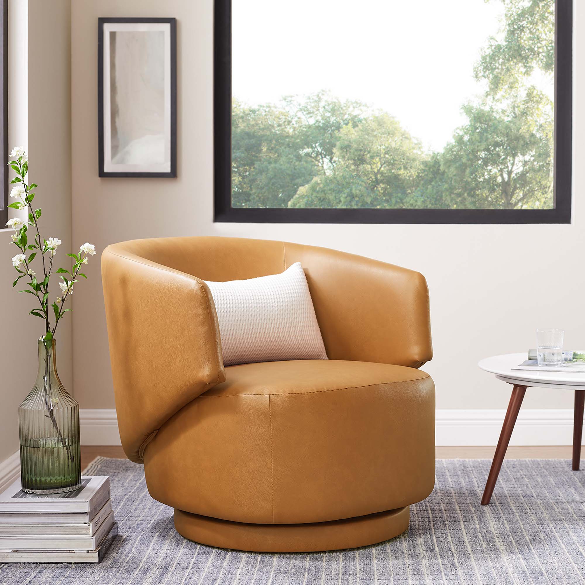 Celestia Vegan Leather Fabric and Wood Swivel Chair, Tan
