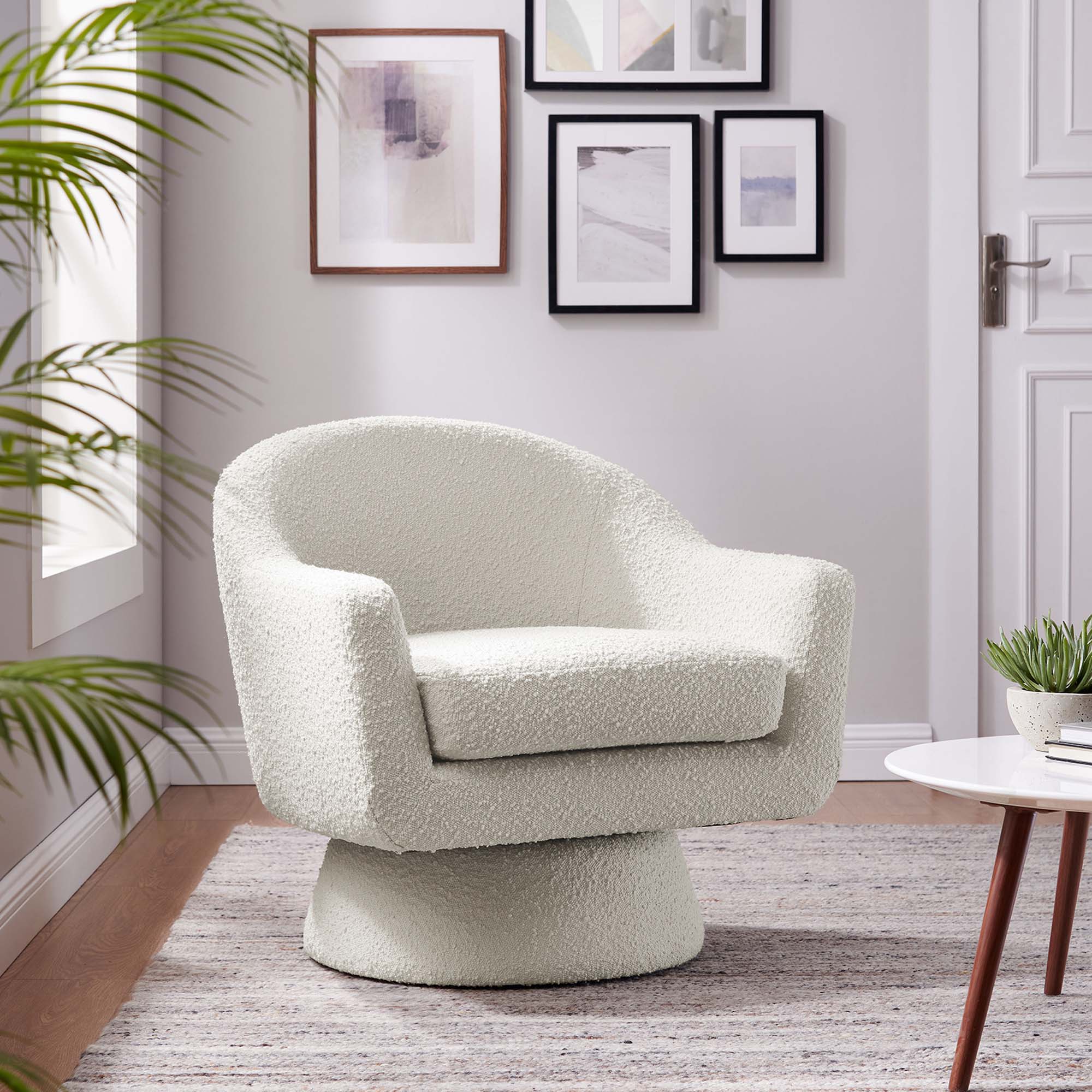 Astral Boucle Fabric Swivel Chair, Ivory