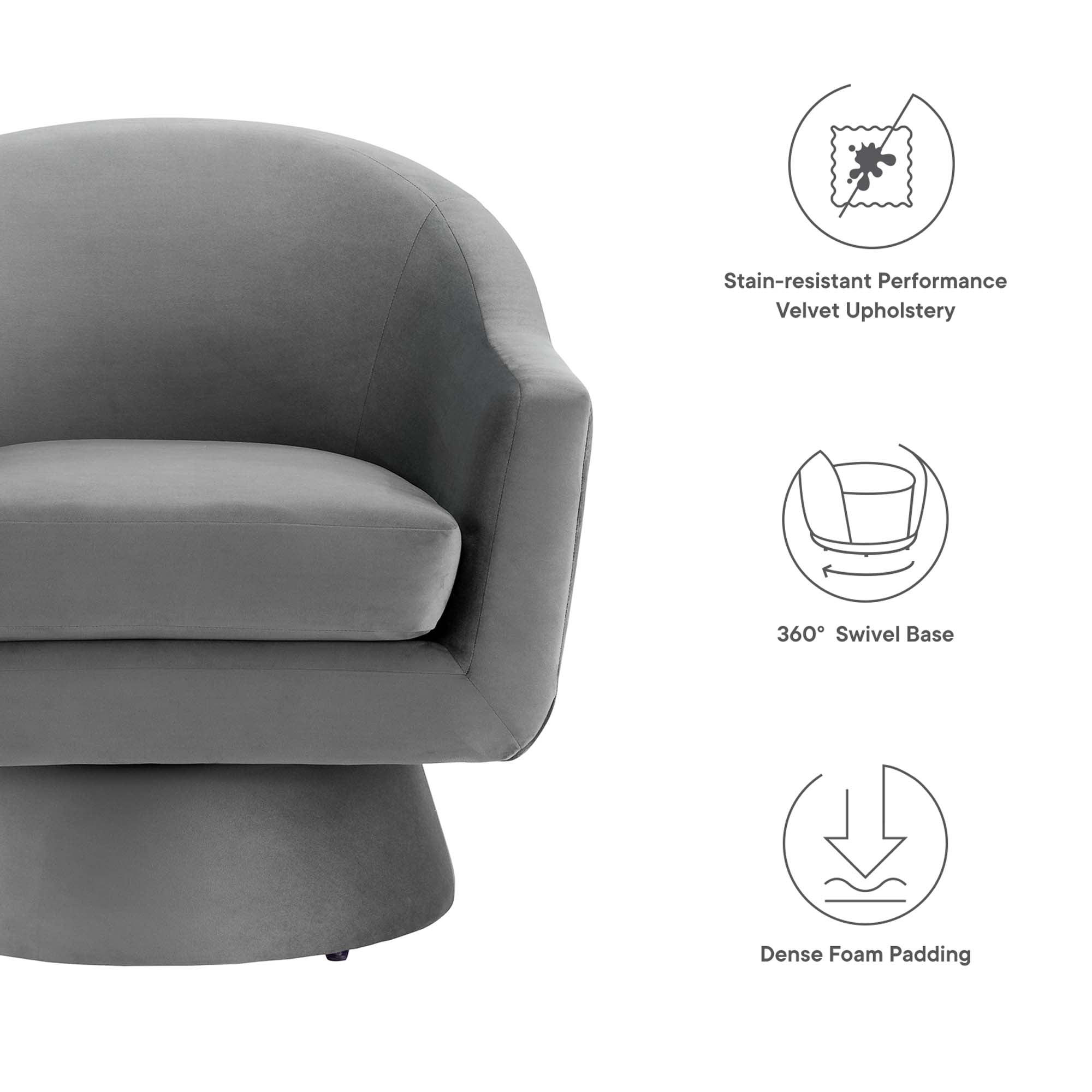 Astral Performance Velvet Fabric and Wood Swivel Chair, Gray