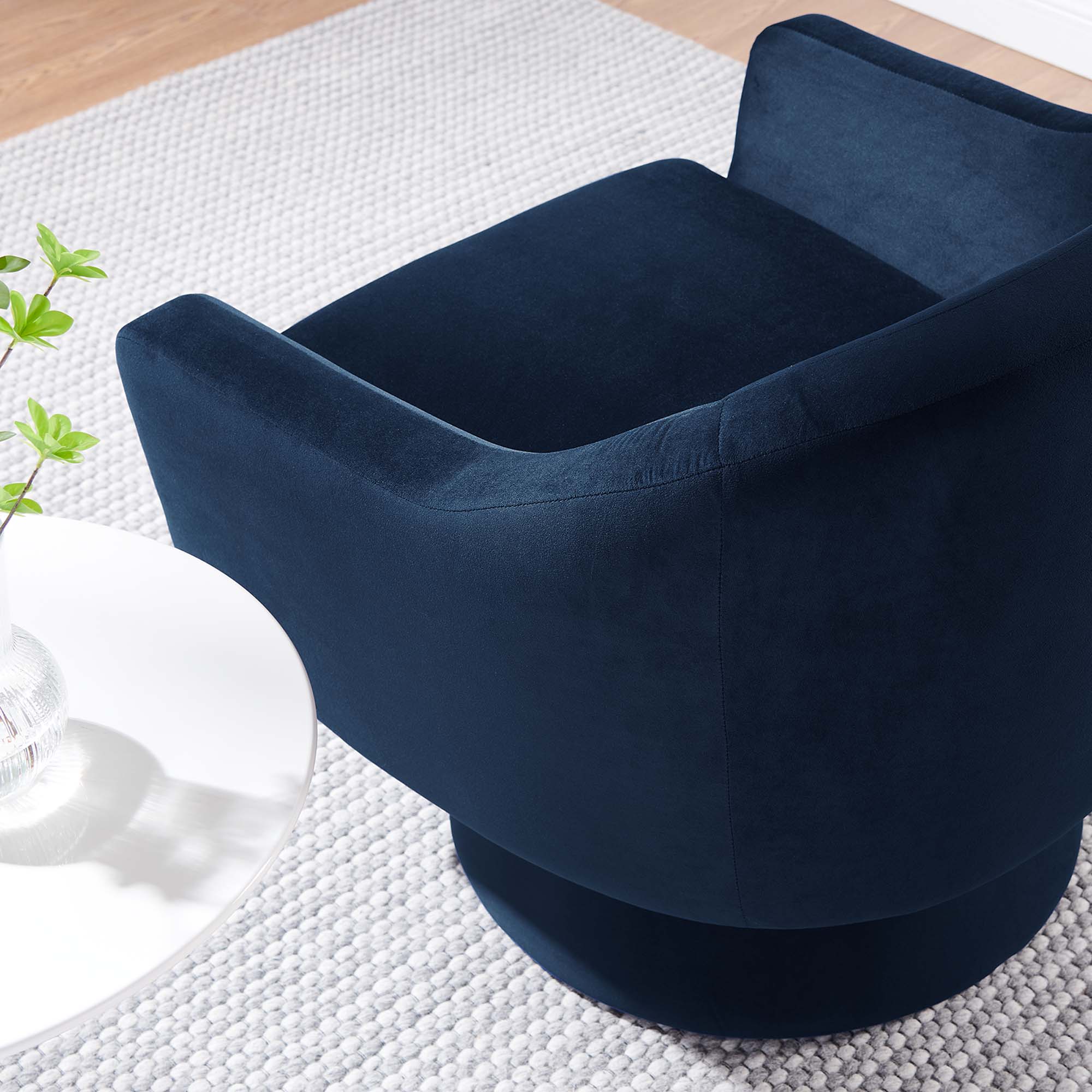Astral Performance Velvet Fabric and Wood Swivel Chair, Midnight Blue