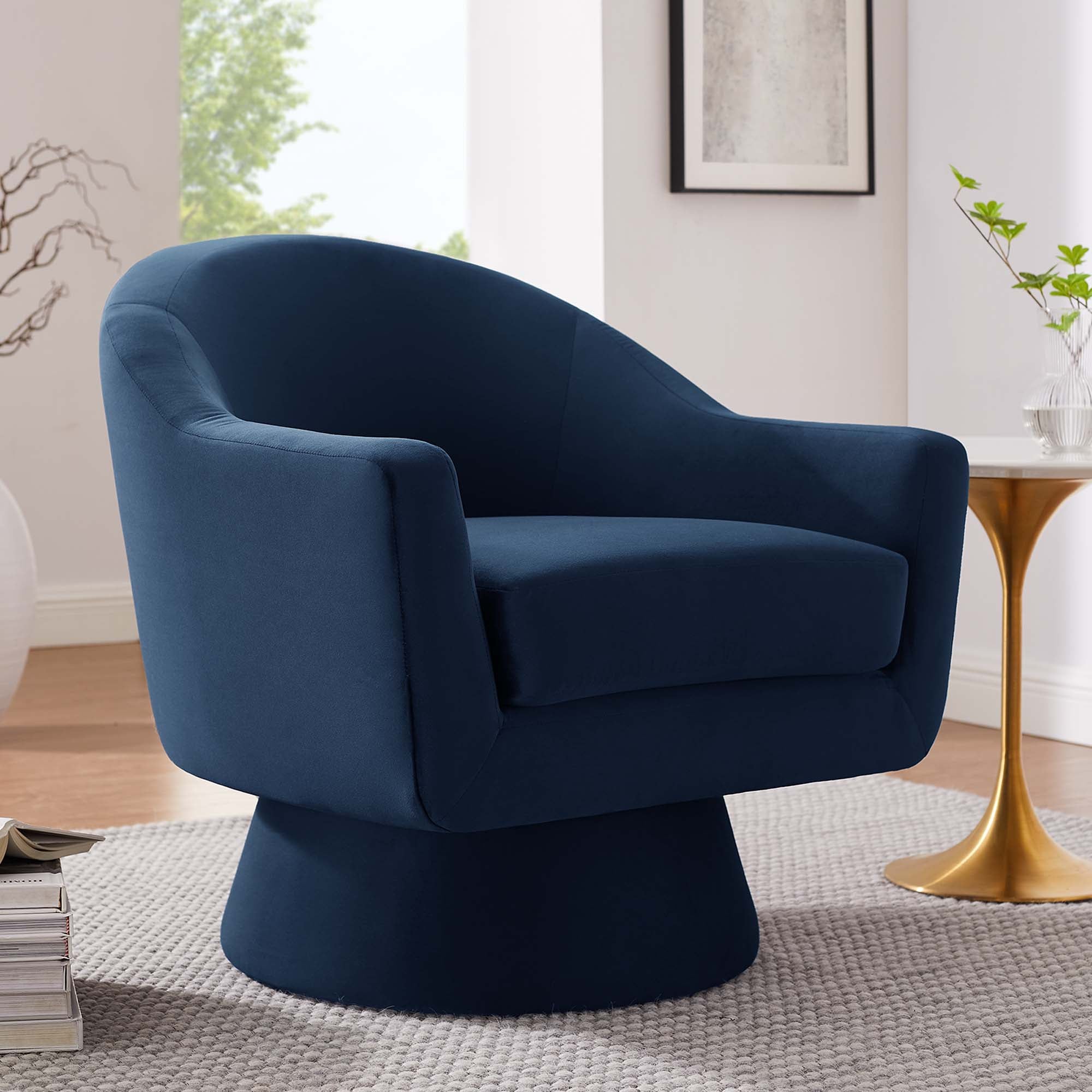 Astral Performance Velvet Fabric and Wood Swivel Chair, Midnight Blue