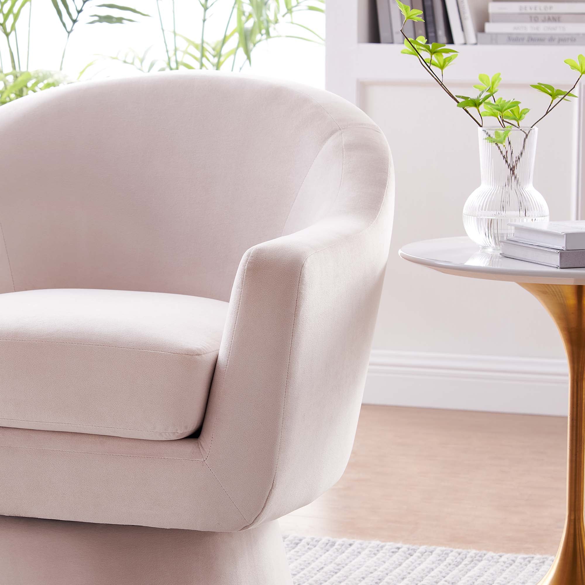 Astral Performance Velvet Fabric and Wood Swivel Chair, Pink