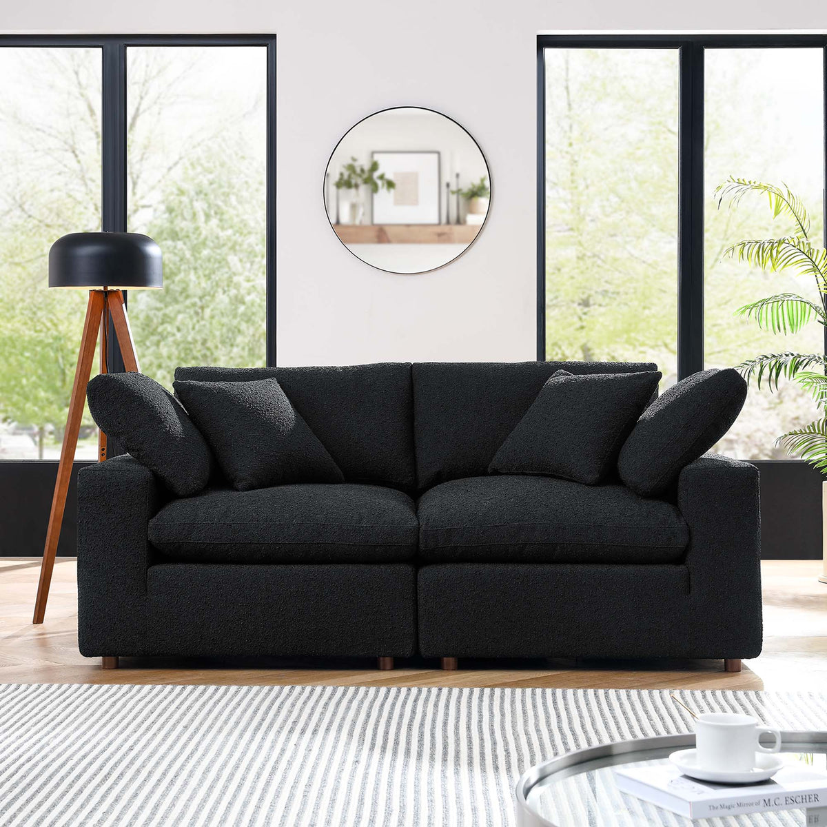 Commix Down Filled Overstuffed Boucle Fabric Loveseat, Black