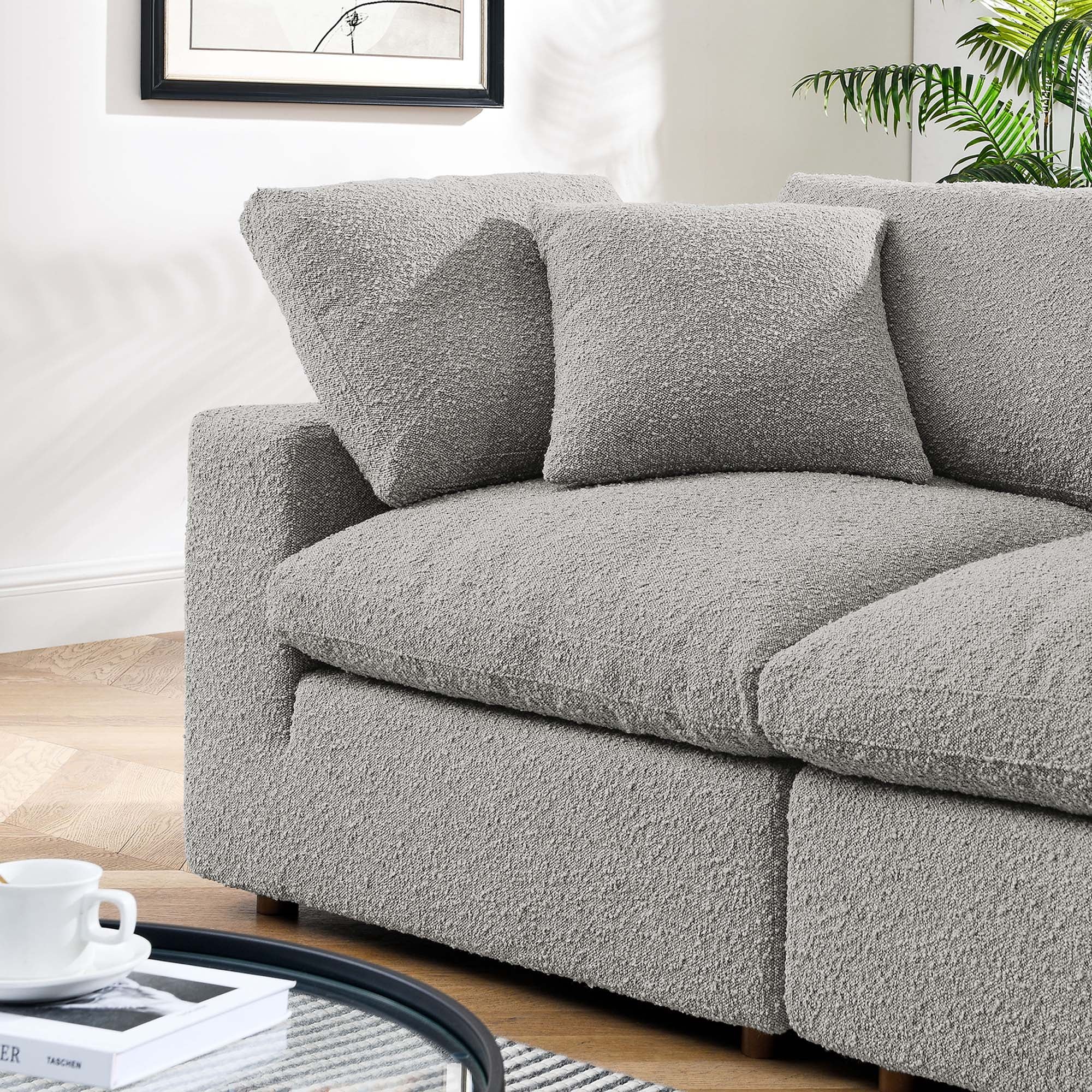 Commix Down Filled Overstuffed Boucle Fabric Loveseat, Light Gray