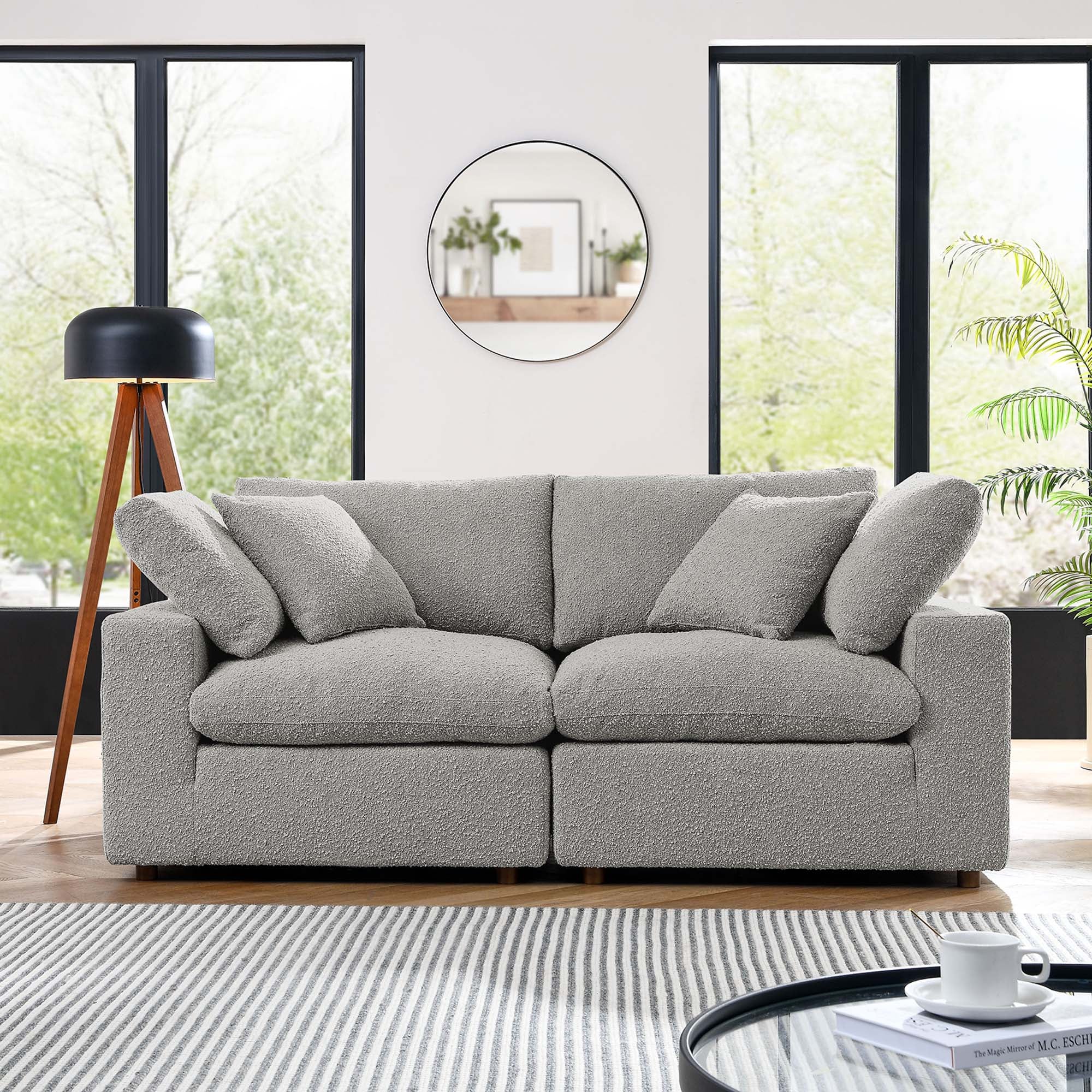 Commix Down Filled Overstuffed Boucle Fabric Loveseat, Light Gray