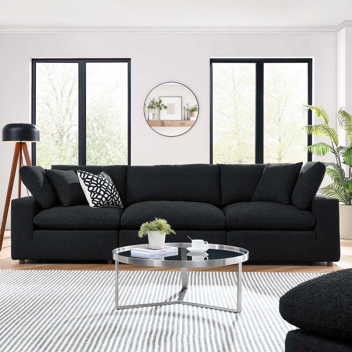 Commix Down Filled Overstuffed Boucle Fabric 3-Seater Sofa, Black