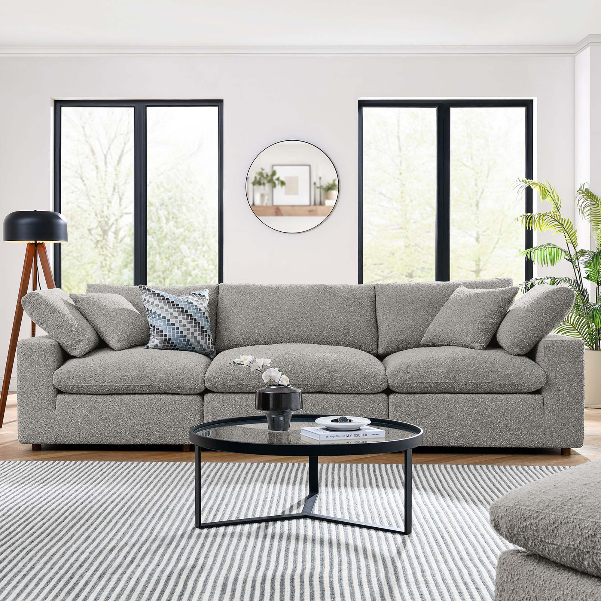 Commix Down Filled Overstuffed Boucle Fabric 3-Seater Sofa, Light Gray