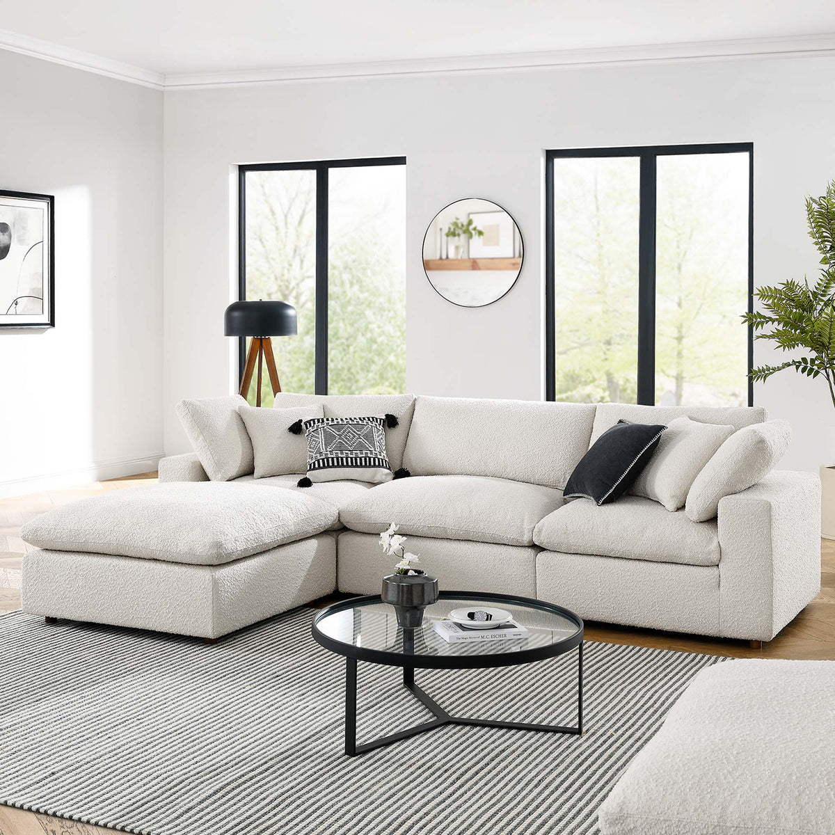 Commix 4-Piece Down Filled Overstuffed Boucle Fabric Sectional Sofa, Ivory