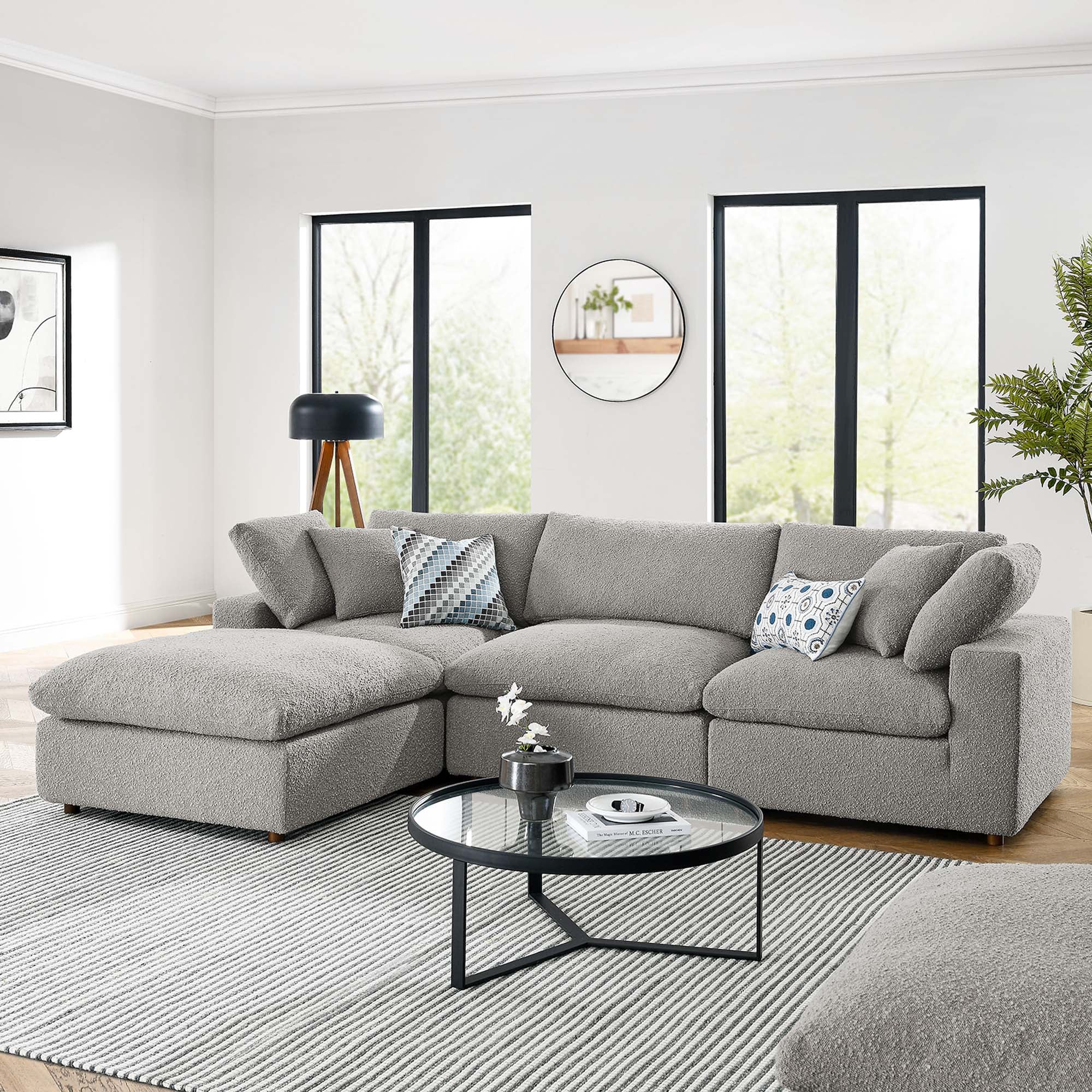 Commix 4-Piece Down Filled Overstuffed Boucle Fabric Sectional Sofa, Light Gray