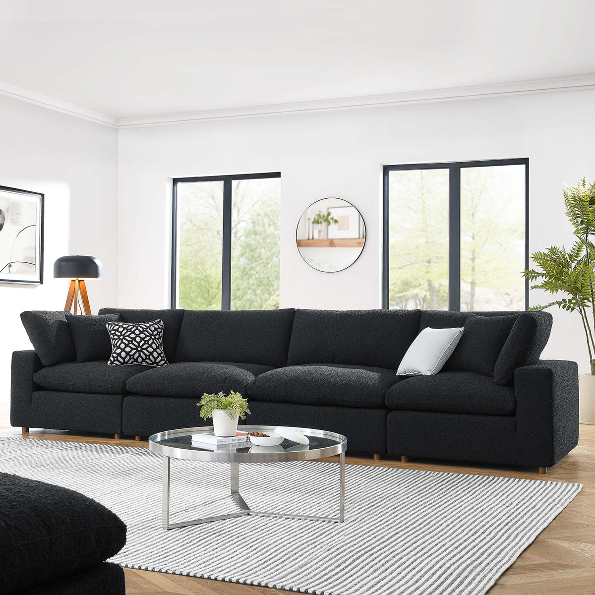 Commix Down Filled Overstuffed Boucle Fabric 4-Seater Sofa, Black