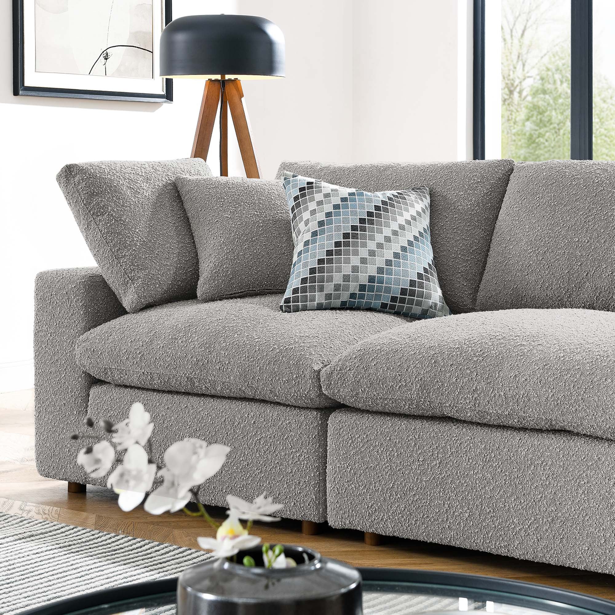 Commix Down Filled Overstuffed Boucle Fabric 4-Seater Sofa, Light Gray