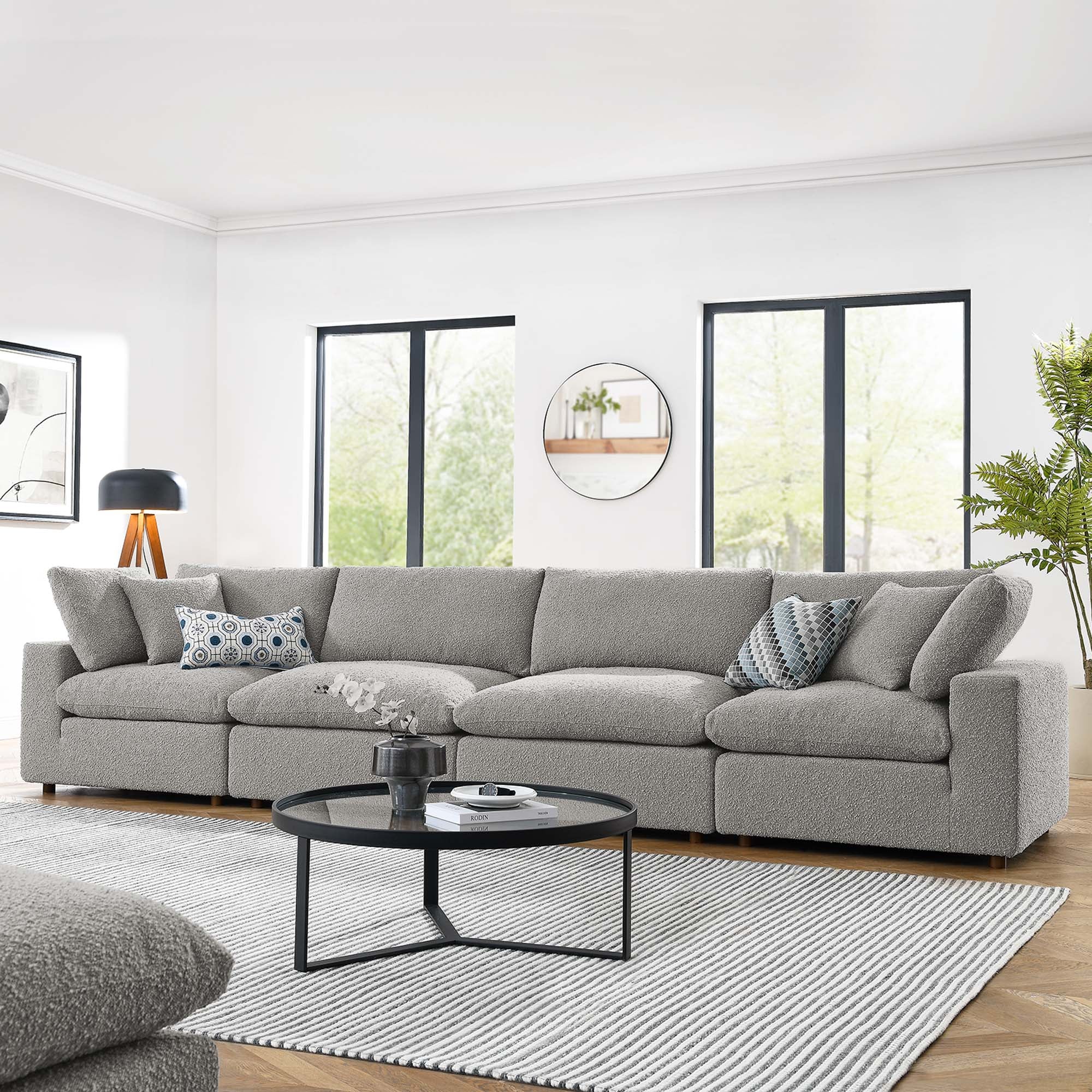 Commix Down Filled Overstuffed Boucle Fabric 4-Seater Sofa, Light Gray