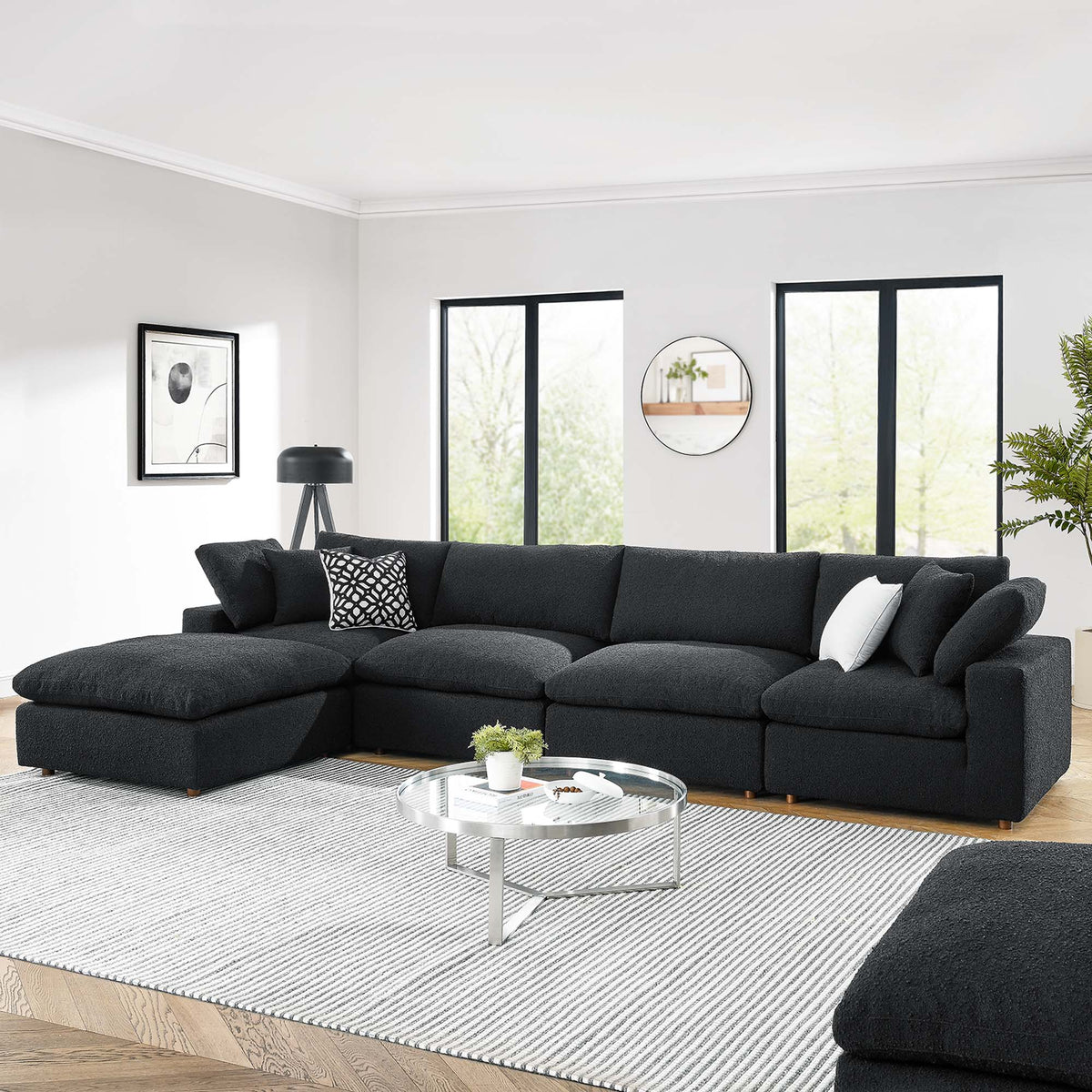 Commix 5-Piece Down Filled Overstuffed Boucle Fabric Sectional Sofa, Black - Model EEI-6365