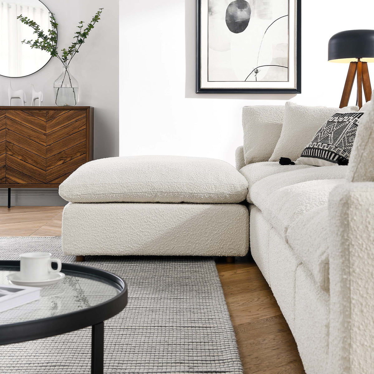 Commix 5-Piece Down Filled Overstuffed Boucle Fabric Sectional Sofa, Ivory - Model EEI-6365