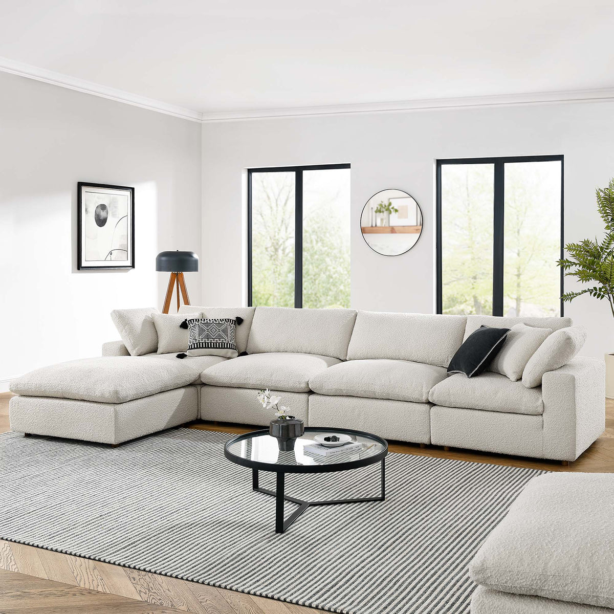 Commix 5-Piece Down Filled Overstuffed Boucle Fabric Sectional Sofa, Ivory - Model EEI-6365
