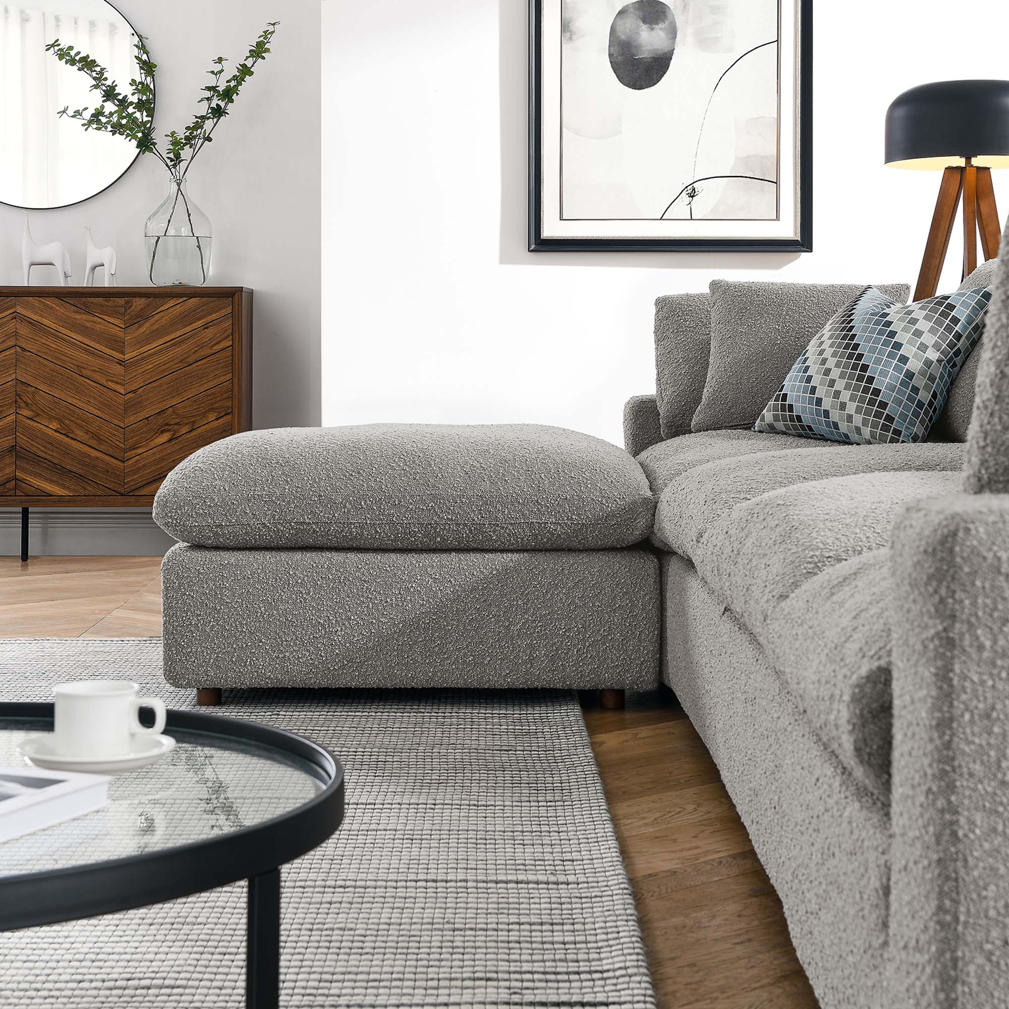 Commix 5-Piece Down Filled Overstuffed Boucle Fabric Sectional Sofa, Light Gray