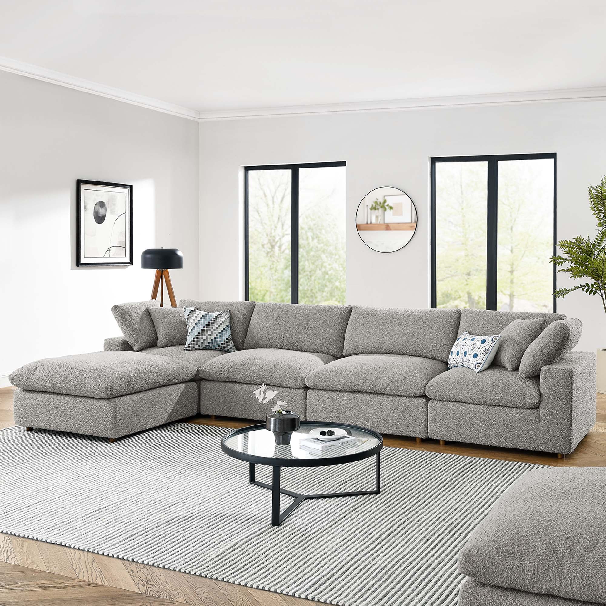 Commix 5-Piece Down Filled Overstuffed Boucle Fabric Sectional Sofa, Light Gray