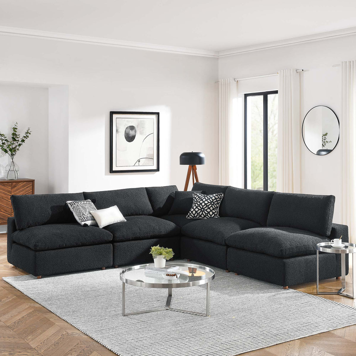Commix 5-Piece Down Filled Overstuffed Boucle Fabric Sectional Sofa, Black - Model EEI-6367