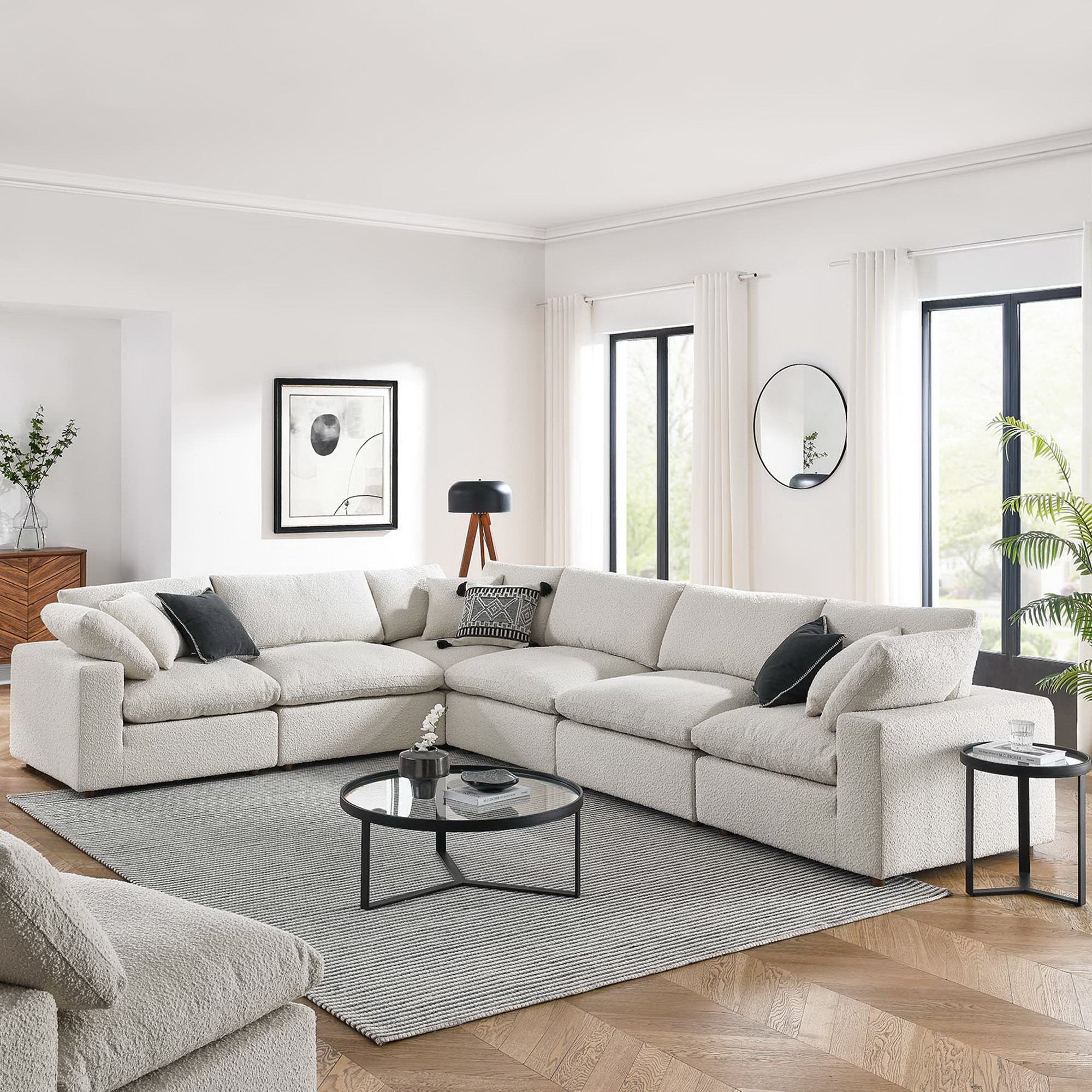 Commix 6-Piece Down Filled Overstuffed Boucle Fabric Sectional Sofa, Ivory