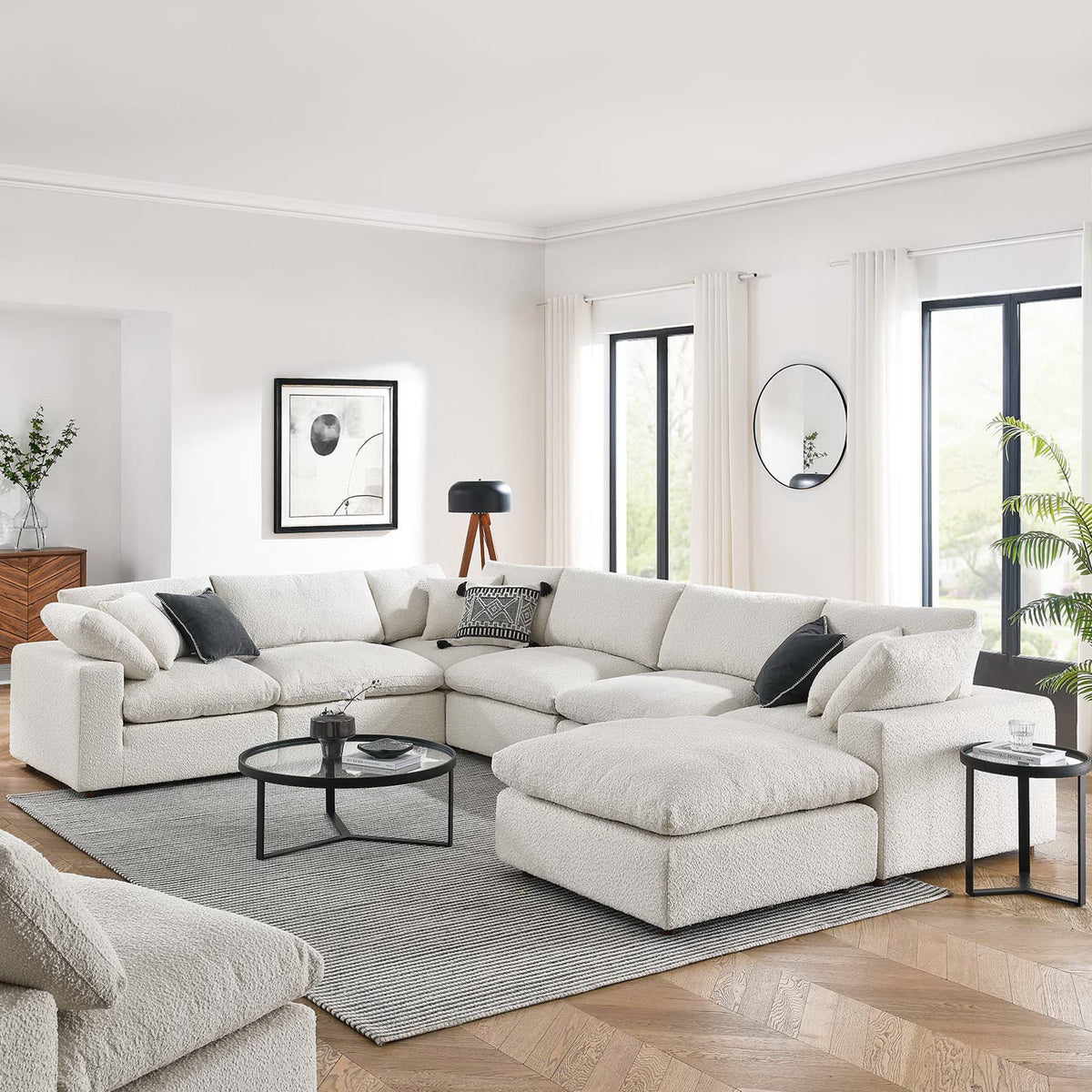 Commix 7-Piece Down Filled Overstuffed Boucle Sectional Sofa, Ivory